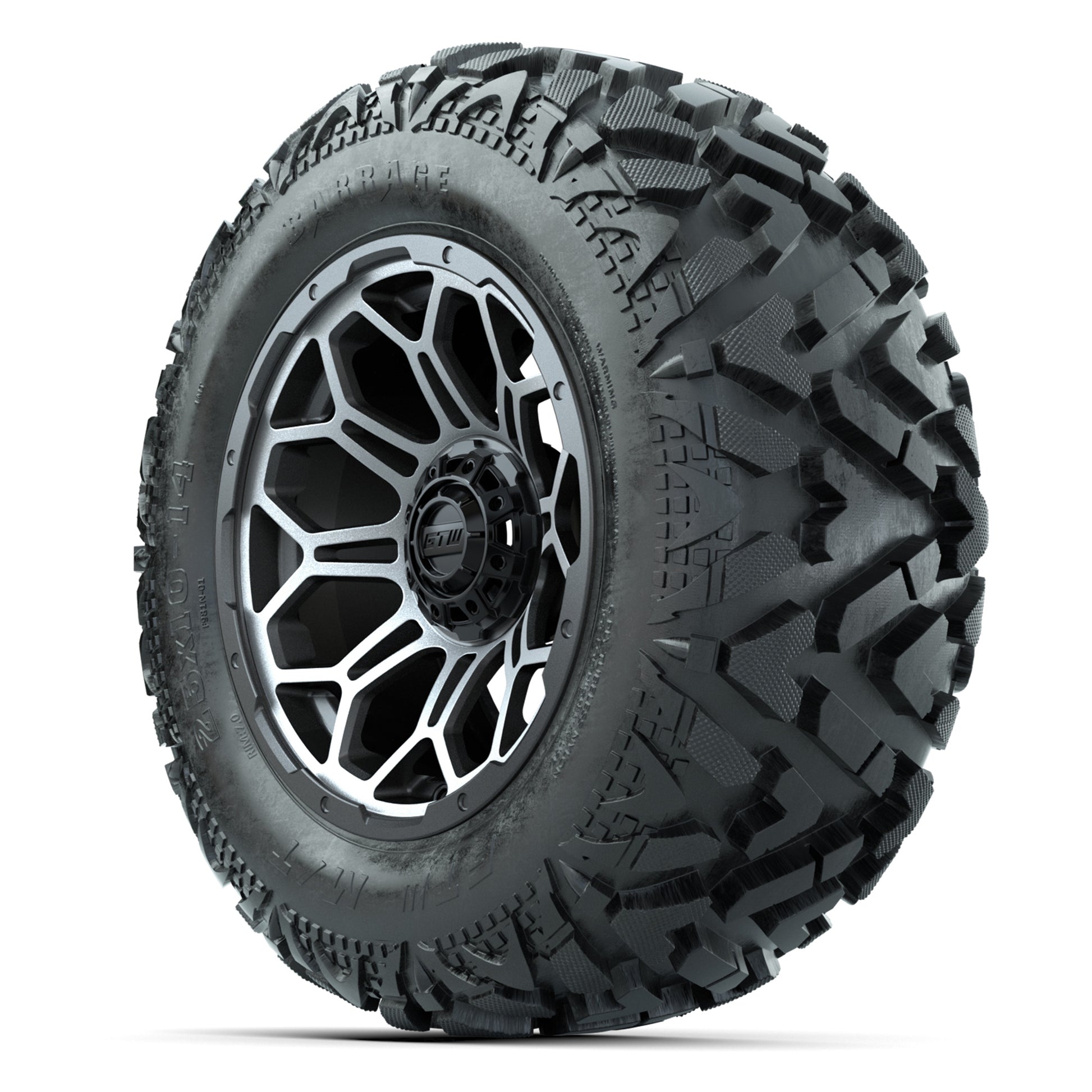 GTW Bravo Matte Gray/Machined 14 in Wheels with 25x10-14 Barrage Mud Tires – Full Set