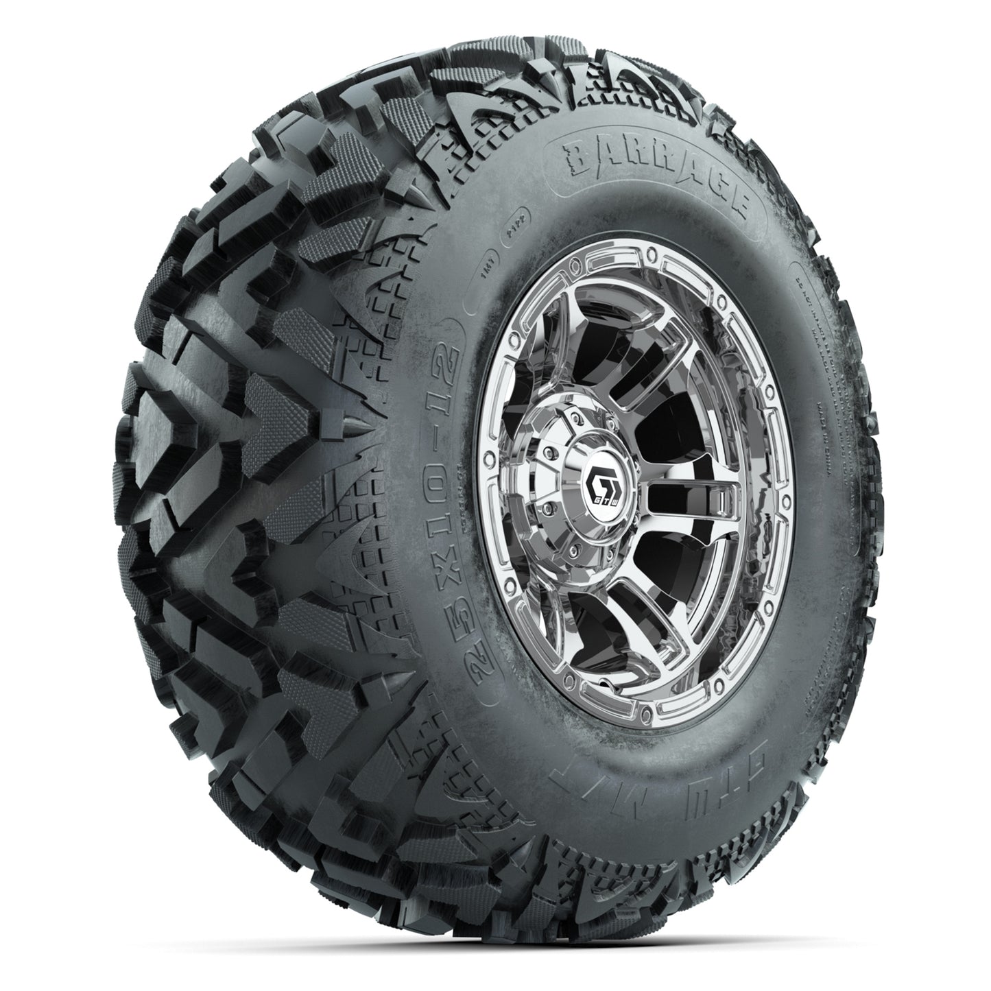 GTW® Shogun Chrome 12 in Wheels with 25X10-12 Barrage Mud Tires – Full Set