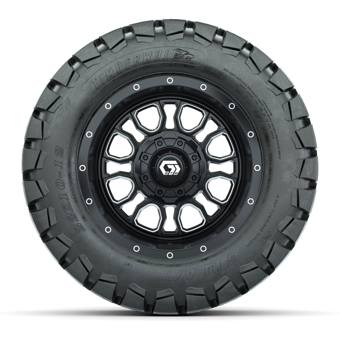 GTW® Volt Black/Machined 12 in Wheels with 22X10-12 Timberwolf All-Terrain Tires – Full Set