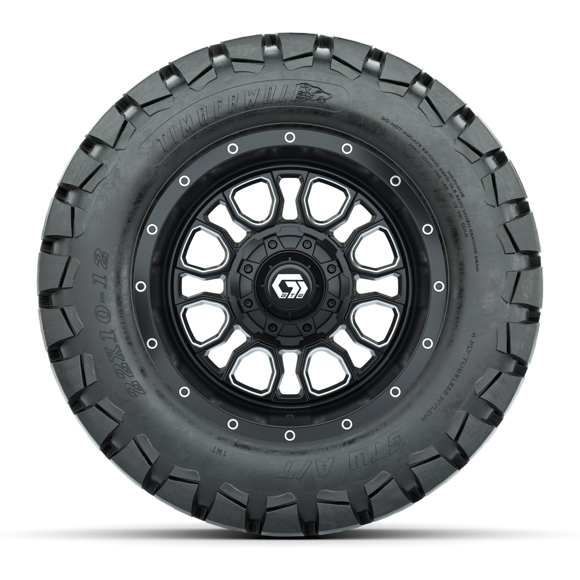 GTW® Volt Black/Machined 12 in Wheels with 22X10-12 Timberwolf All-Terrain Tires – Full Set
