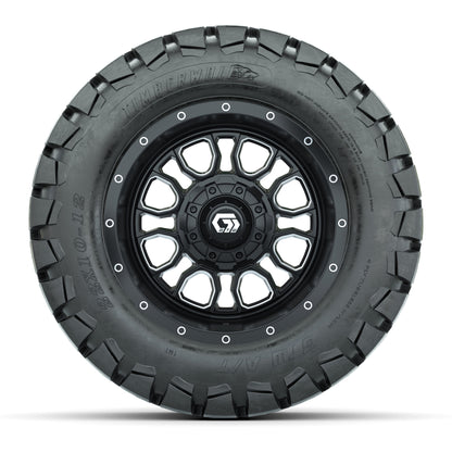 GTW® Volt Black/Machined 12 in Wheels with 22X10-12 Timberwolf All-Terrain Tires – Full Set