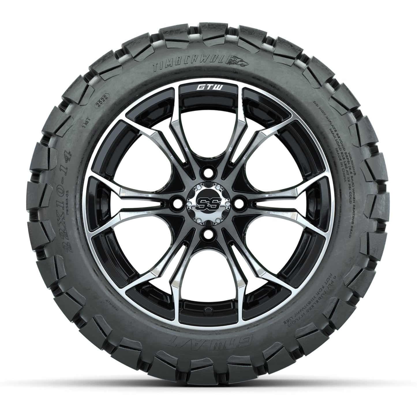 GTW Spyder Machined/Black 14 in Wheels with 22x10-14 GTW Timberwolf All-Terrain Tires – Full Set