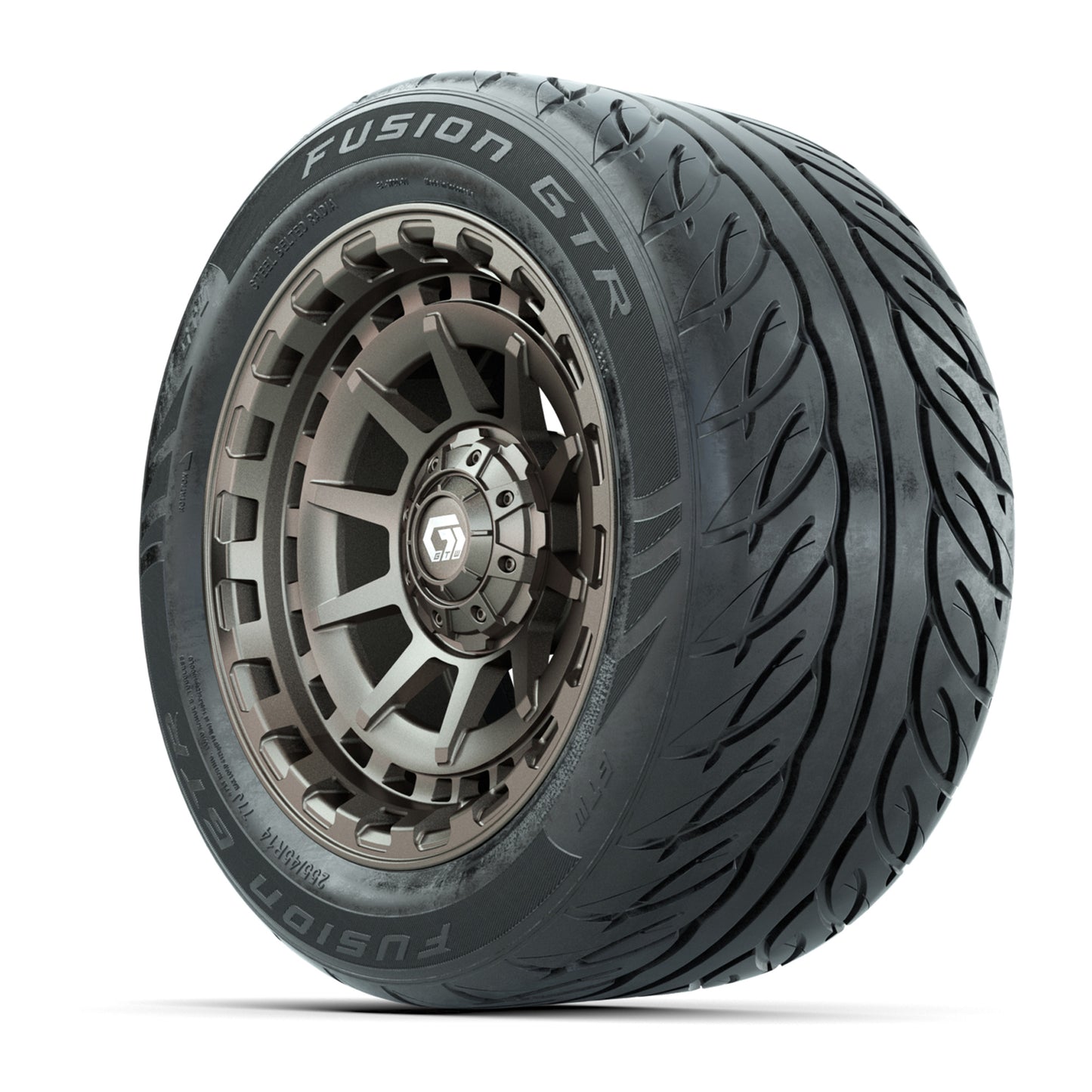 GTW® Barricade Bronze 14 in Wheels with 255/45-R14 Fusion GTR Steel Belt Radial Street Tires – Full Set