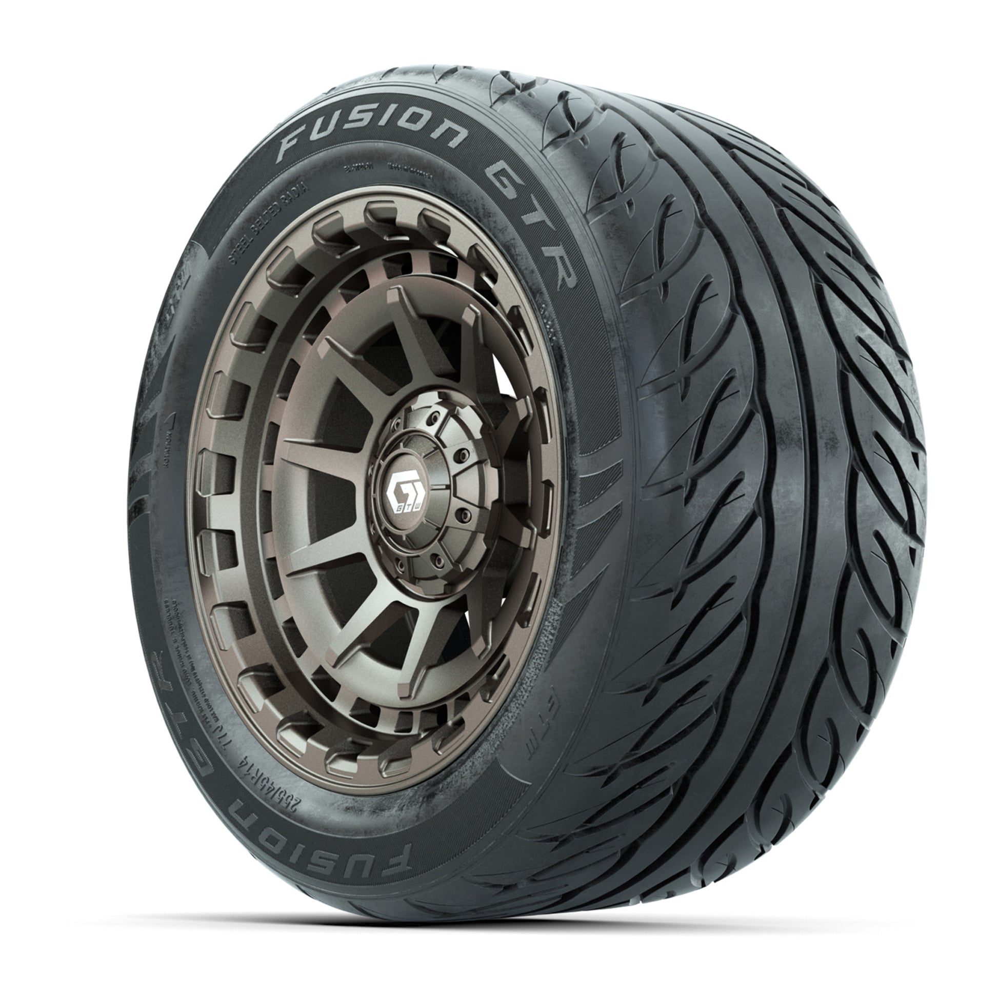GTW® Barricade Bronze 14 in Wheels with 255/45-R14 Fusion GTR Steel Belt Radial Street Tires – Full Set