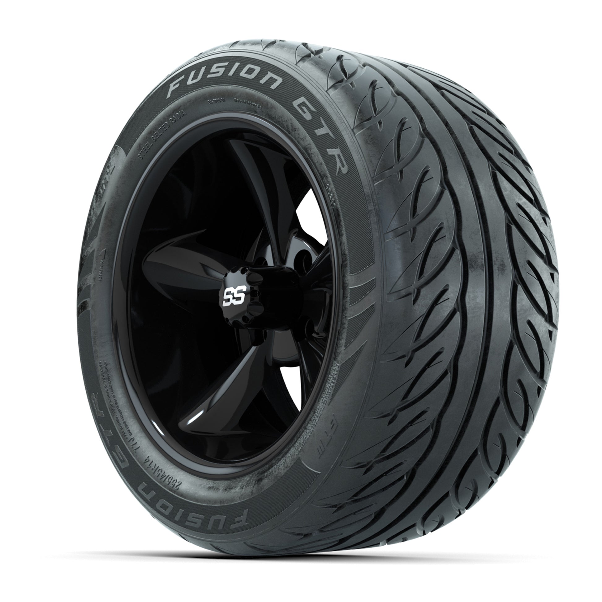 GTW® Godfather Black 14 in Wheels with 255/45-R14 Fusion GTR Steel Belt Radial Street Tires – Full Set