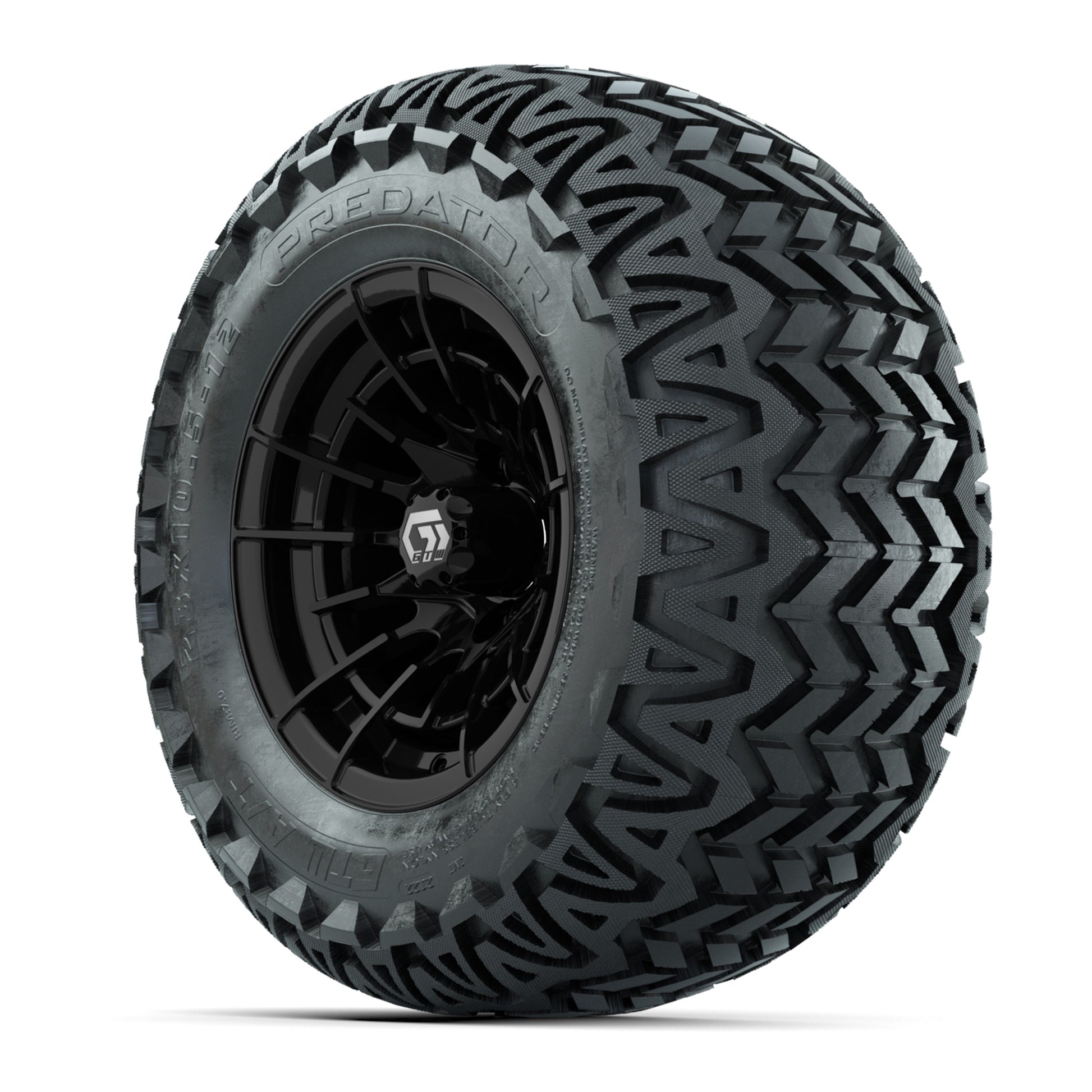 GTW® Boost Gloss Black 12 in Wheels with 23X10.5-12 Predator All-Terrain Tires – Full Set