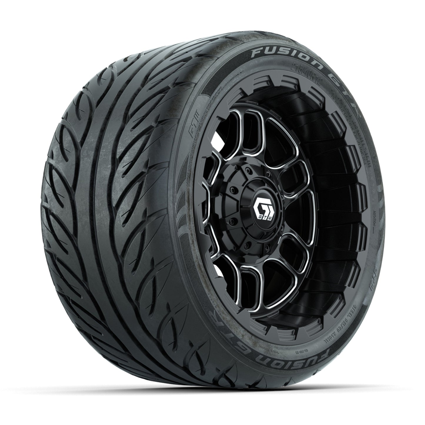 GTW® Titan Black/Machined 12 in Wheels with 215/40-R12 Fusion GTR Steel Belt Radial Street Tires – Full Set
