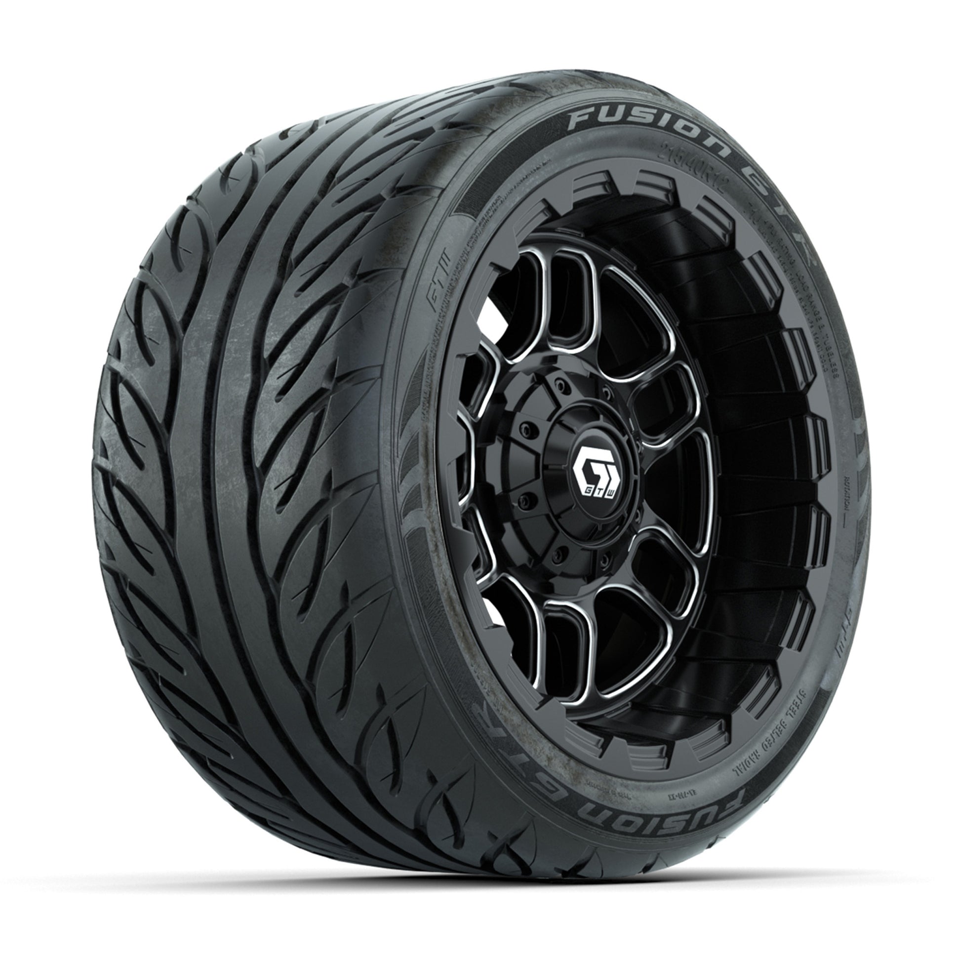 GTW® Titan Black/Machined 12 in Wheels with 215/40-R12 Fusion GTR Steel Belt Radial Street Tires – Full Set