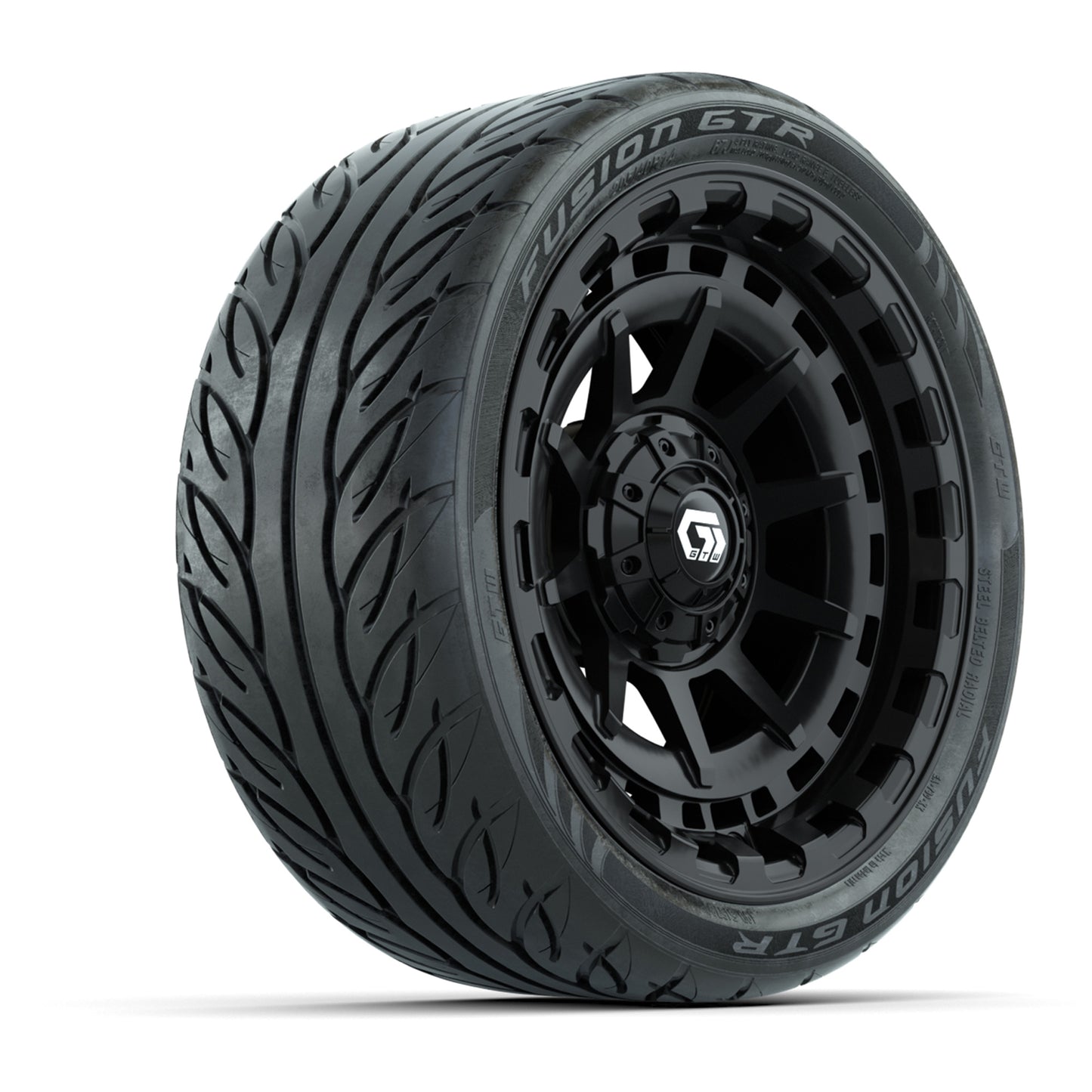 GTW® Barricade Gloss Black 14 in Wheels with 205/40-R14 Fusion GTR Steel Belted Street Tires – Full Set