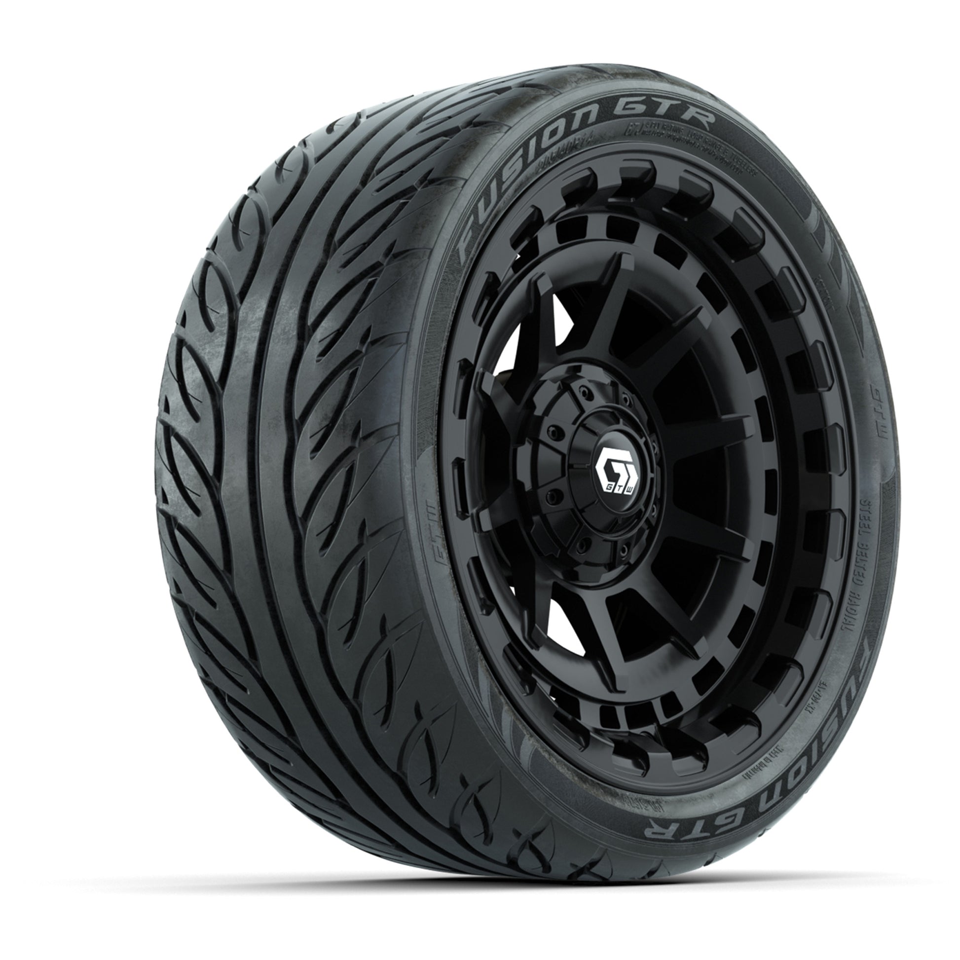 GTW® Barricade Gloss Black 14 in Wheels with 205/40-R14 Fusion GTR Steel Belted Street Tires – Full Set