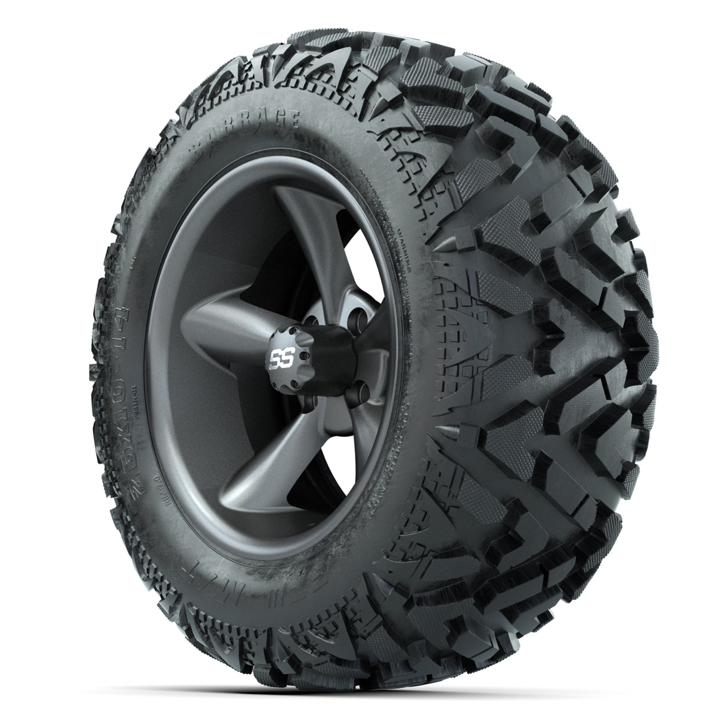 GTW Godfather Matte Gray 14 in Wheels with 25x10-14 Barrage Mud Tires – Full Set