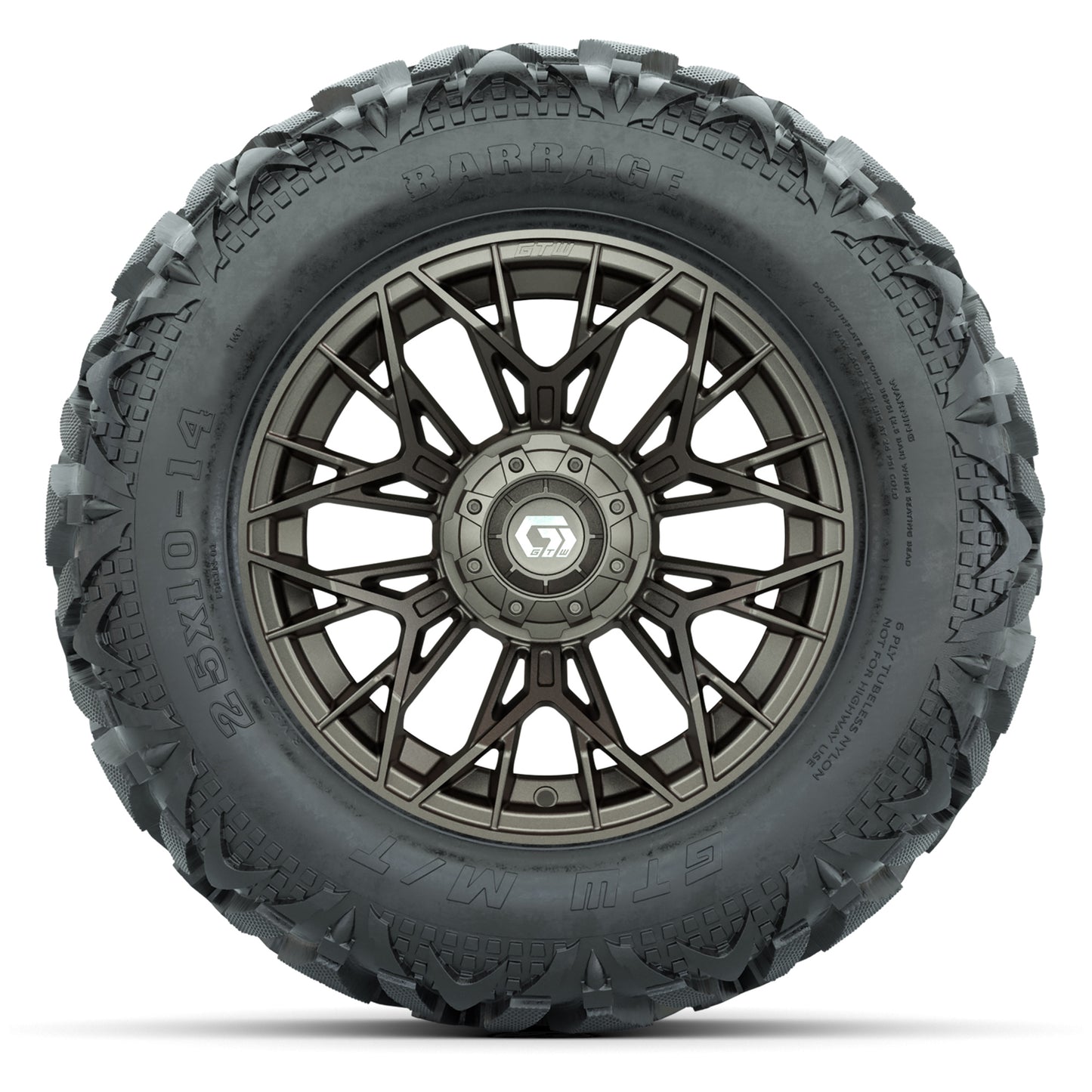 GTW Stellar Matte Bronze 14 in Wheels with 25x10-14 Barrage Mud Tires – Full Set