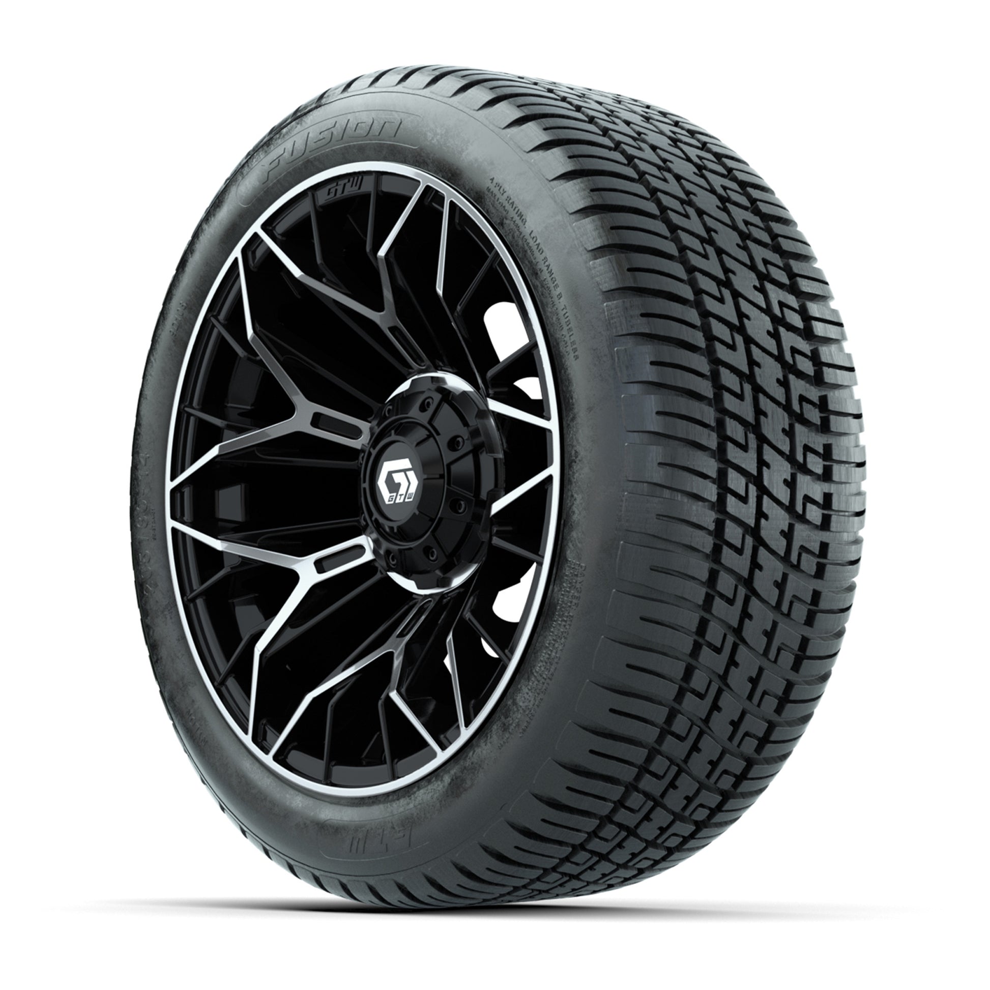GTW® Stellar Black/Machined 14 in Wheels with 205/30-R14 Fusion Street Tires – Full Set