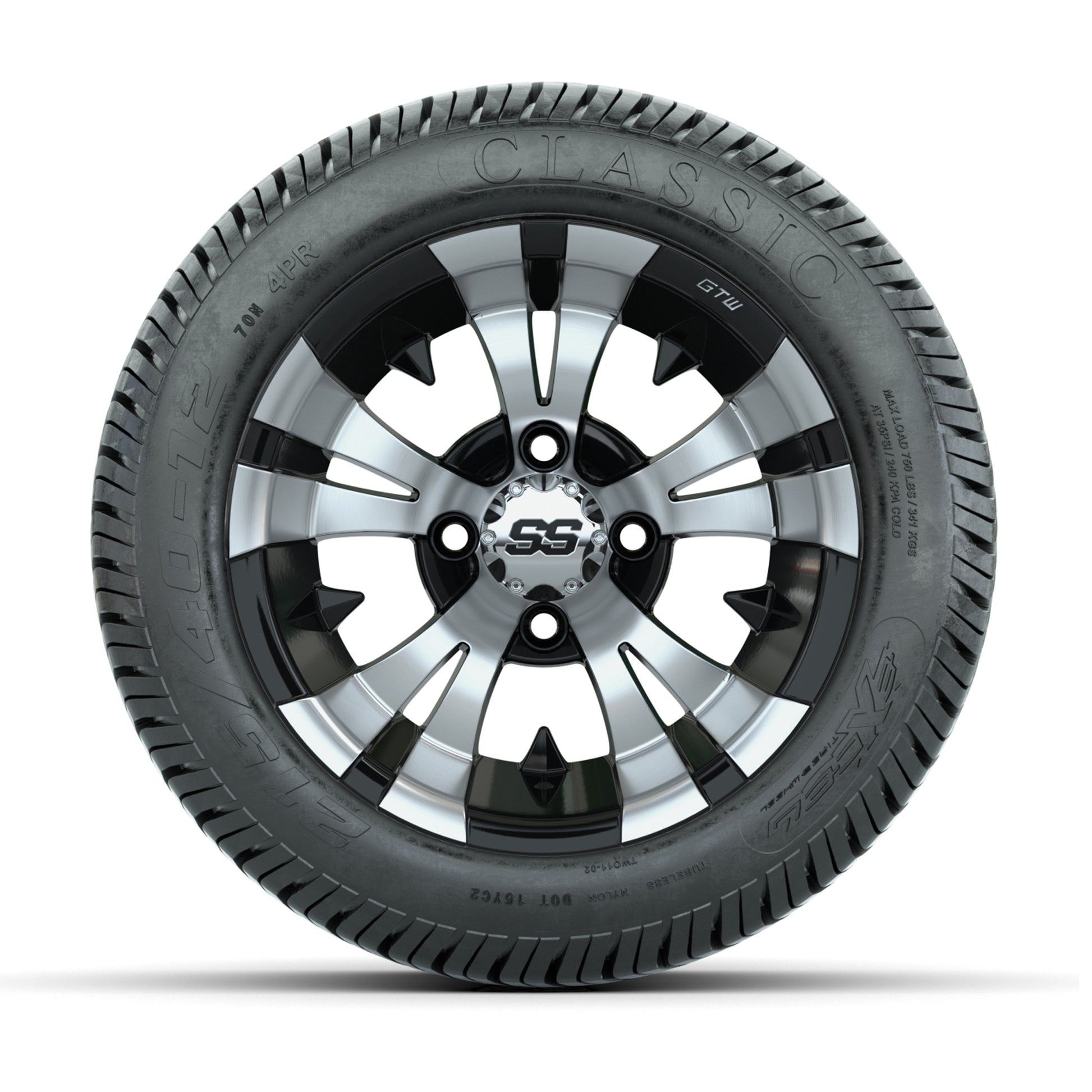 12” GTW Vampire Black and Machined Wheels with Excel Lo-Pro Street Tires – Set of 4