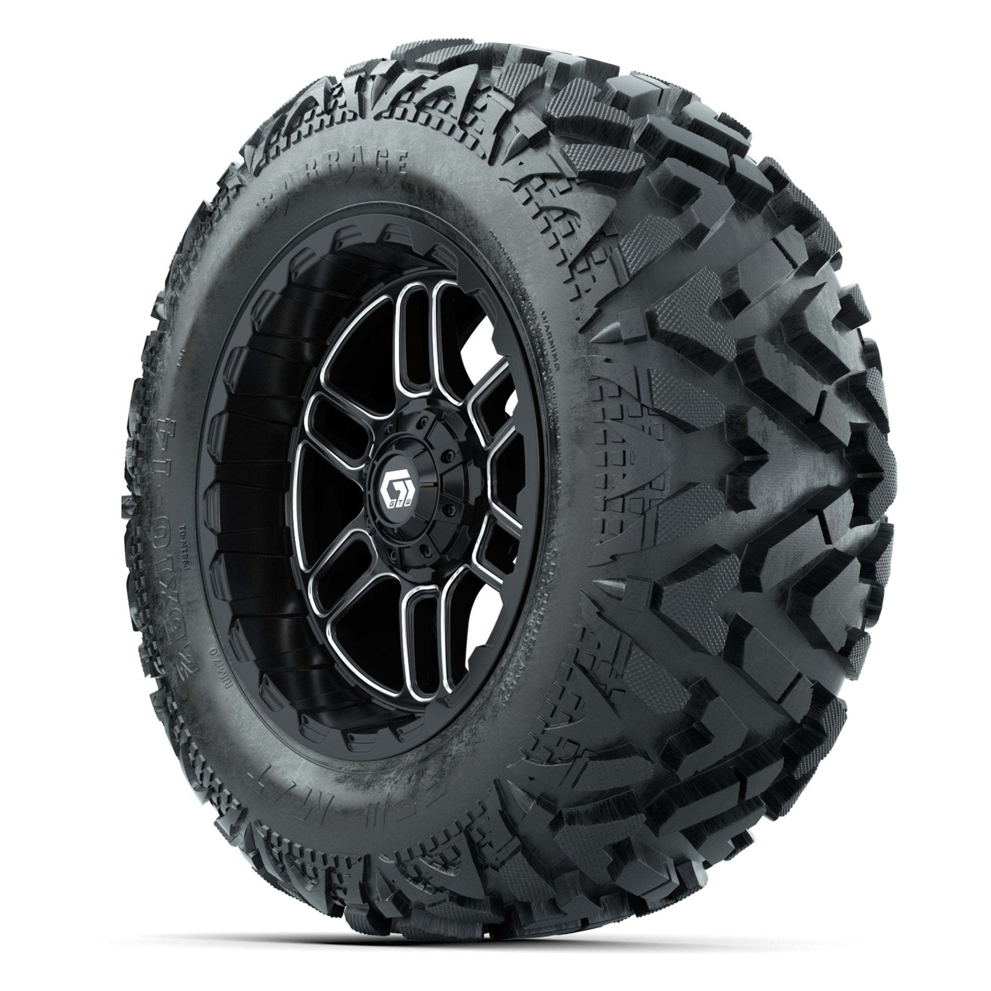 GTW Titan Black/Machined 14 in Wheels with 25x10-14 Barrage Mud Tires – Full Set