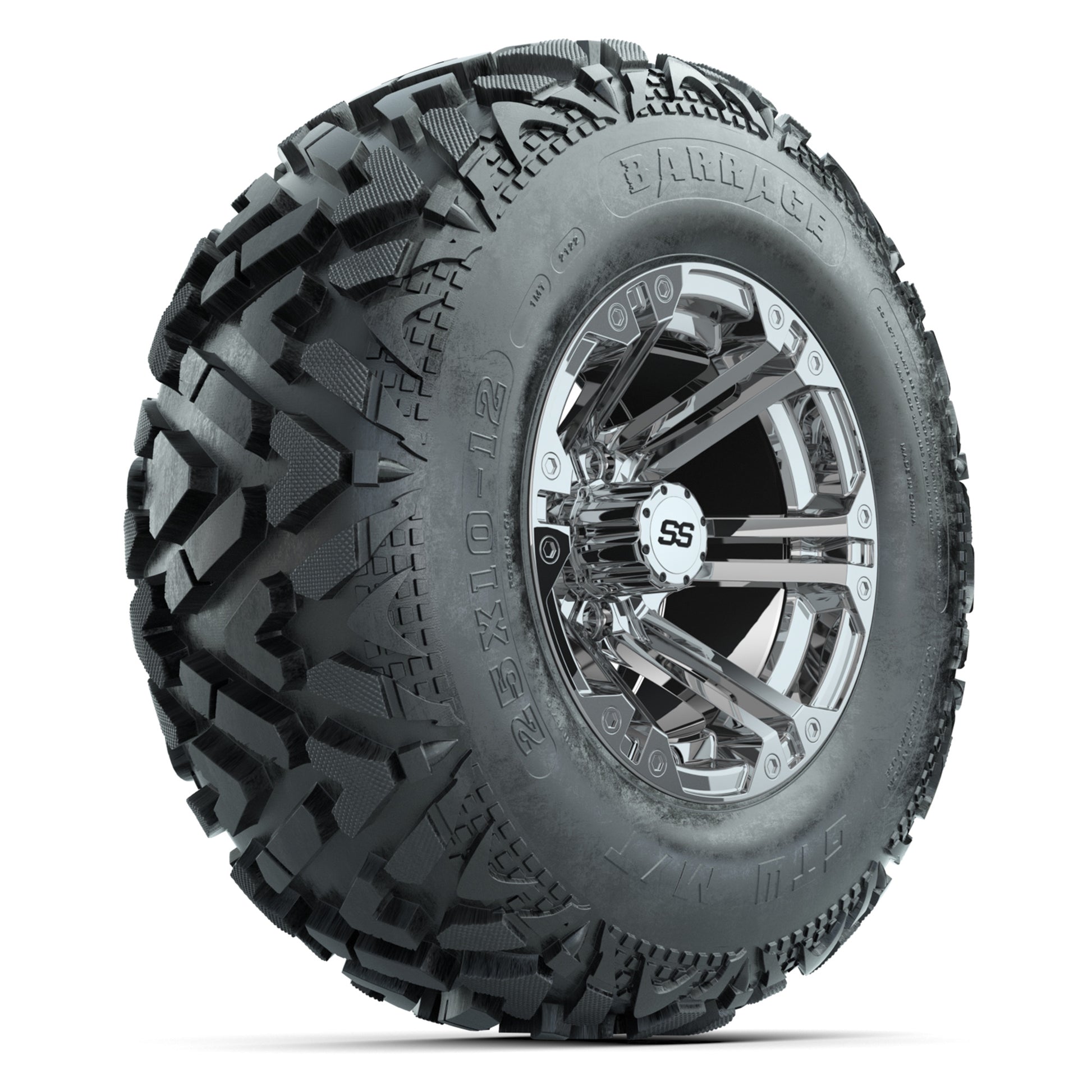 GTW® Specter Chrome 12 in Wheels with 25X10-12 Barrage Mud Tires – Full Set