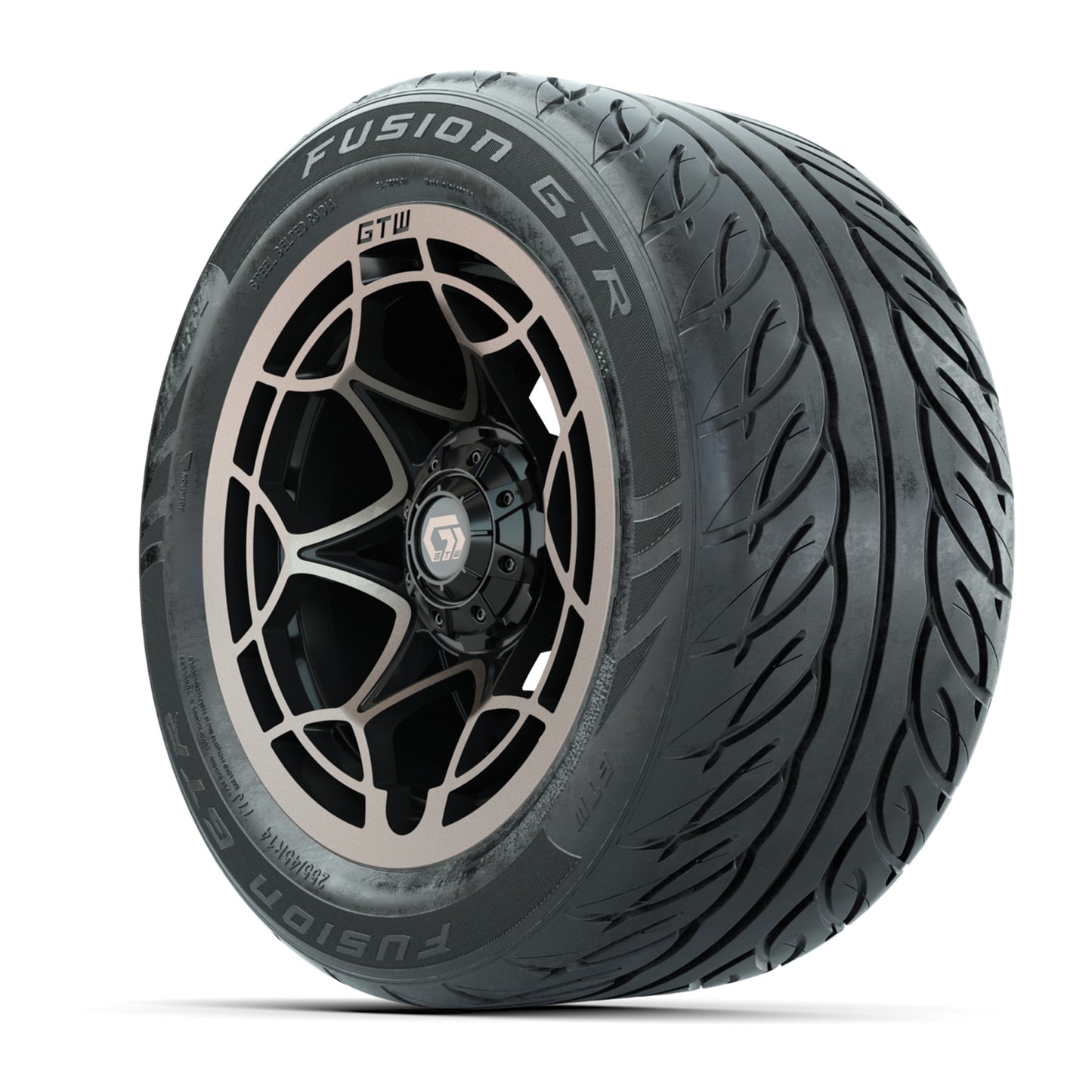 GTW® Nexus Black with Bronze Face 14 in Wheels with 255/45-R14 Fusion GTR Steel Belt Radial Street Tires – Full Set