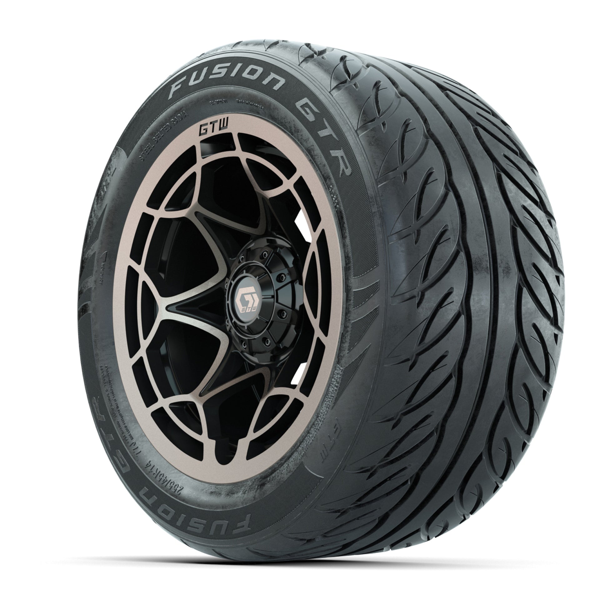 GTW® Nexus Black with Bronze Face 14 in Wheels with 255/45-R14 Fusion GTR Steel Belt Radial Street Tires – Full Set