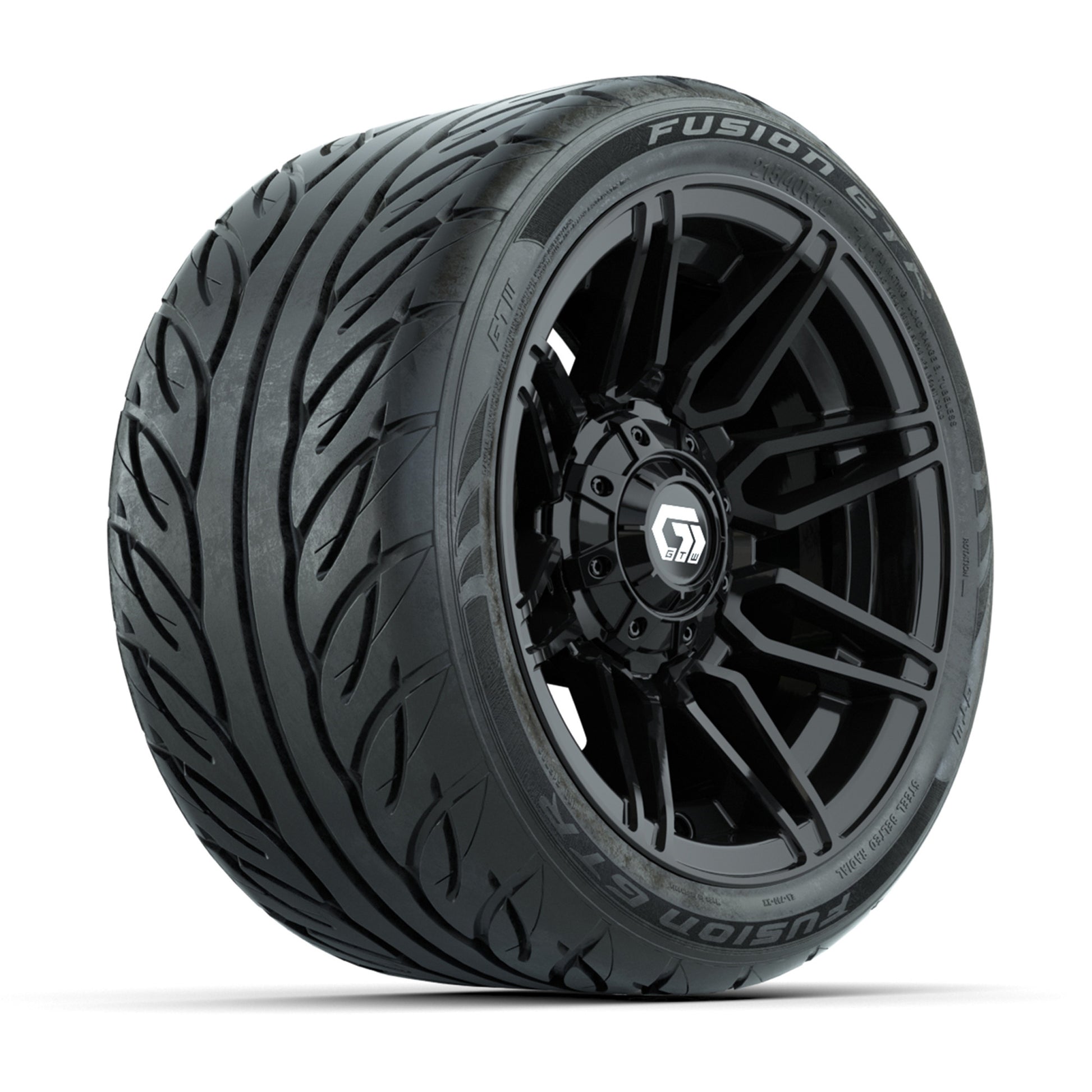 GTW® Stealth Black/Machined 12 in Wheels with 215/40-R12 Fusion GTR Steel Belt Radial Street Tires – Full Set