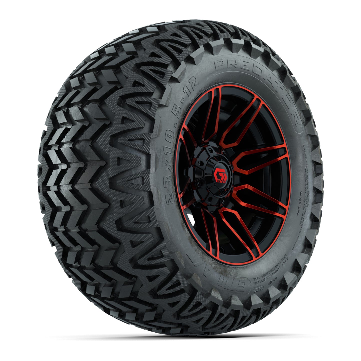 GTW® Stealth Red/Machined 12 in Wheels with 23X10.5-12 Predator All-Terrain Tires – Full Set