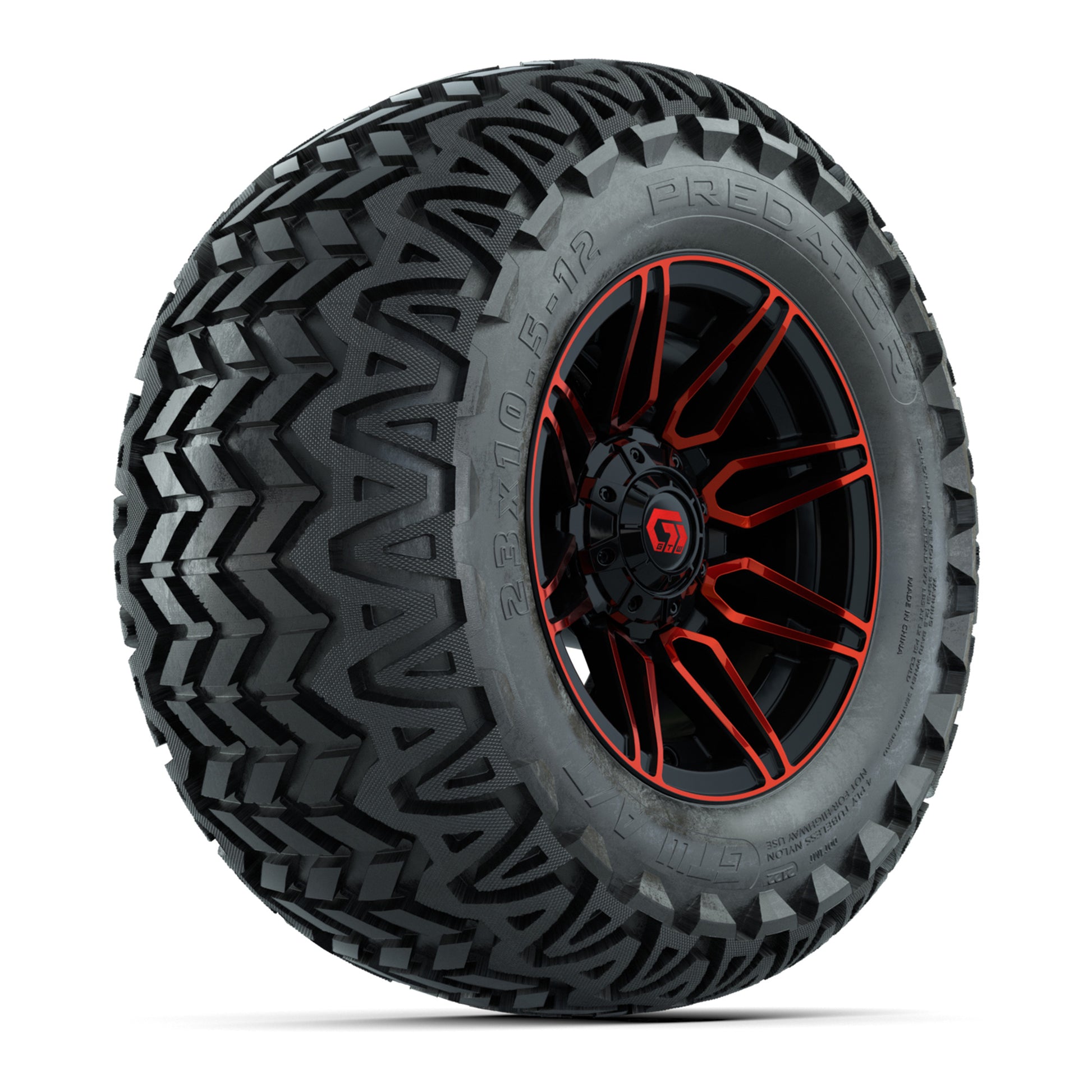 GTW® Stealth Red/Machined 12 in Wheels with 23X10.5-12 Predator All-Terrain Tires – Full Set