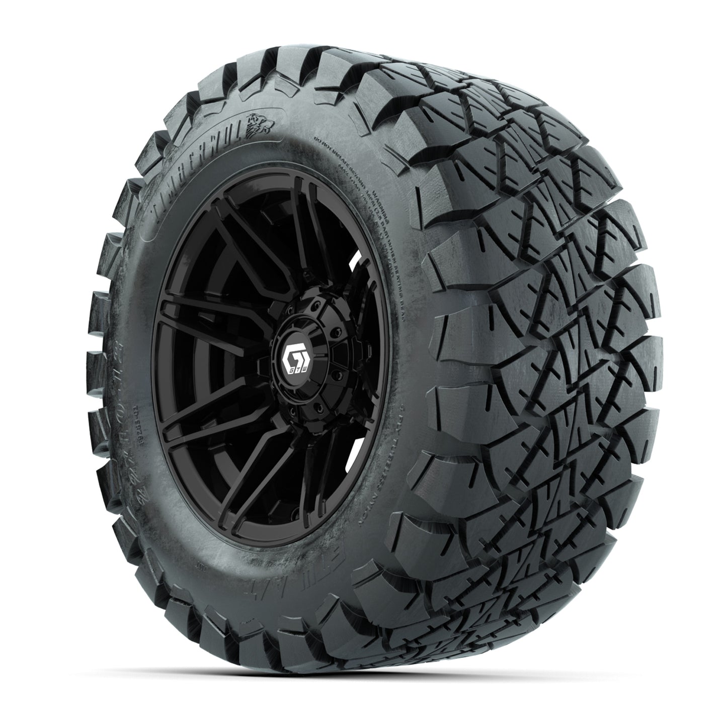 GTW® Stealth Gloss Black 12 in Wheels with 22x10-12 Timberwolf All-Terrain Tires – Full Set