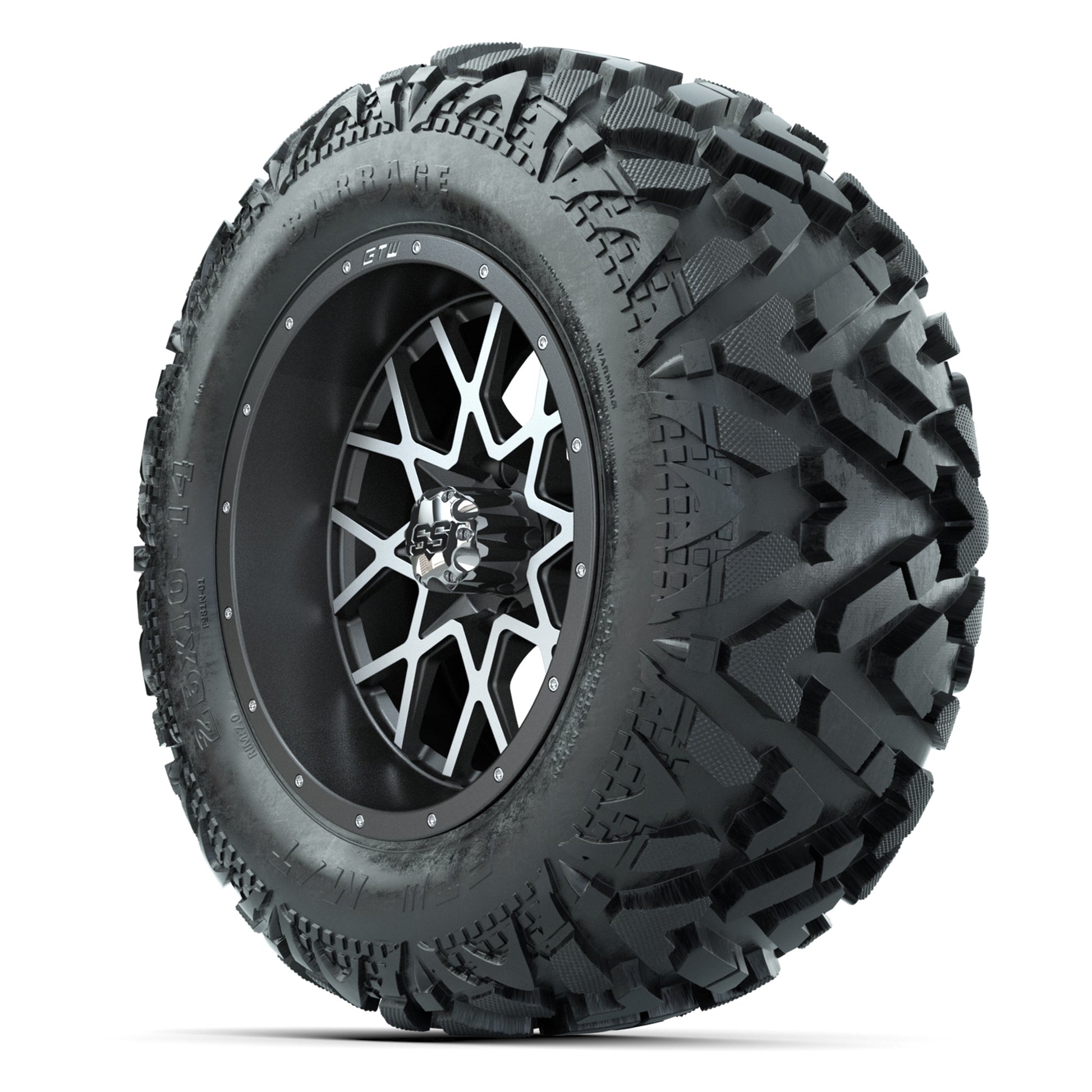 GTW Vortex Matte Gray/Machined 14 in Wheels with 25x10-14 Barrage Mud Tires – Full Set