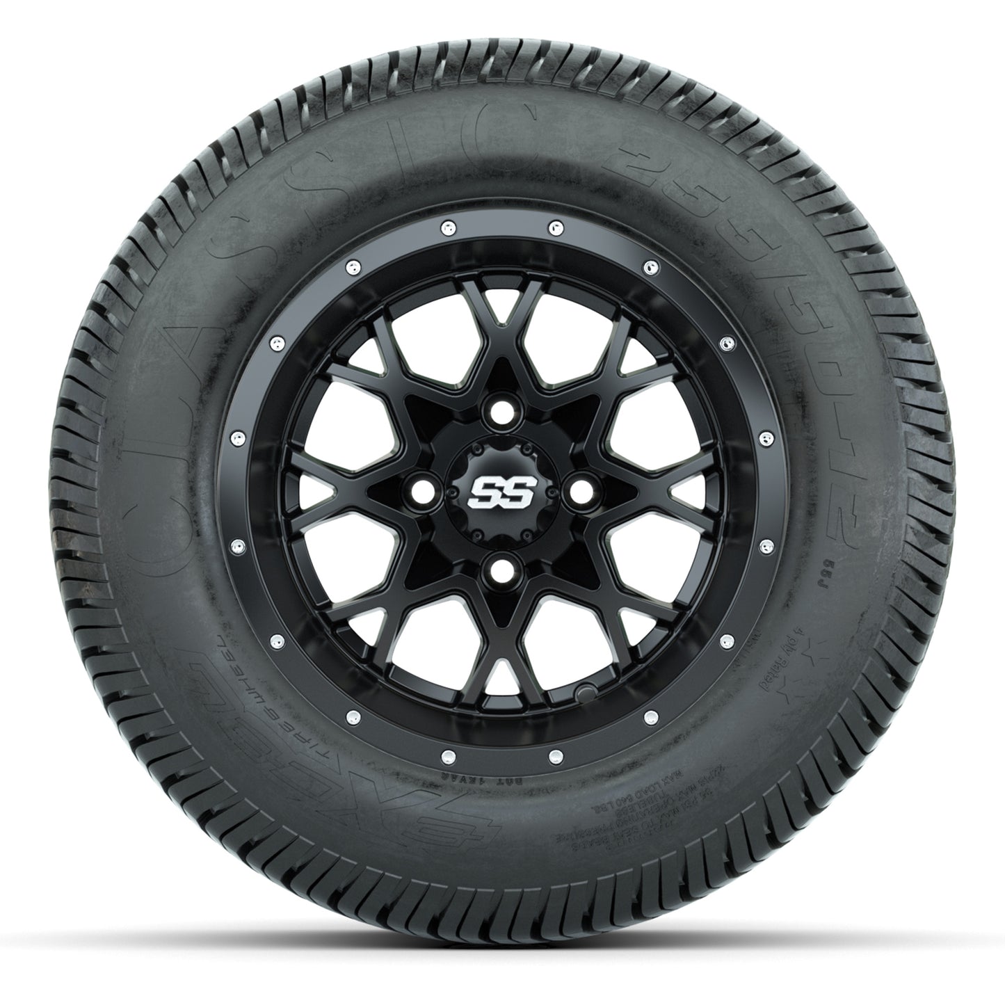 GTW® Vortex 2 Matte Black/Machined 12 in Wheels with 255/50-12 Excel Classic Street Tires – Full Set