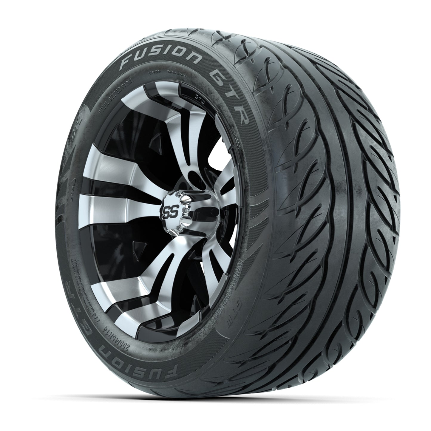 GTW® Vampire Black/Machined 14 in Wheels with 255/45-R14 Fusion GTR Steel Belt Radial Street Tires – Full Set