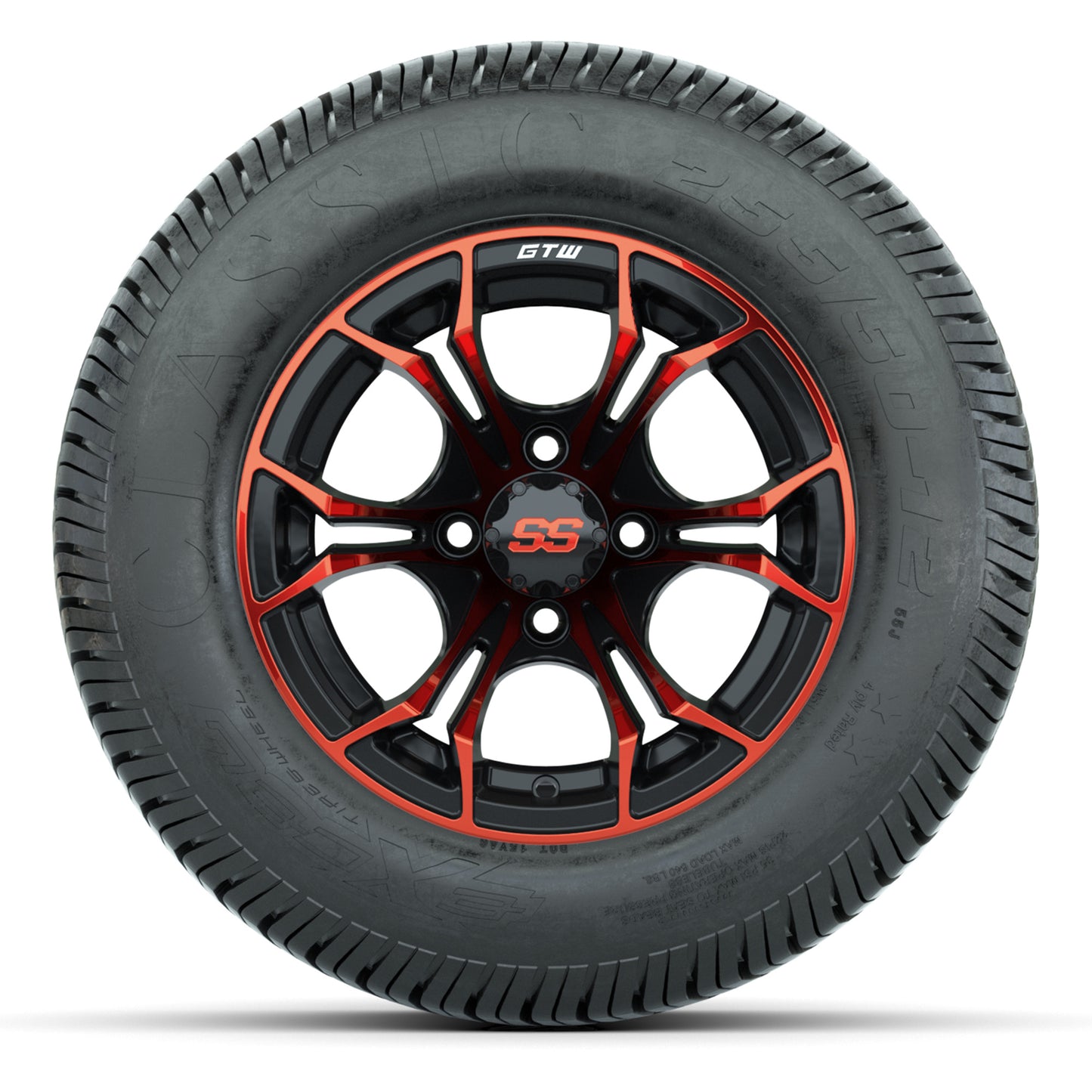 GTW® Spyder Black/Red 12 in Wheels with 255/50-12 Excel Classic Street Tires – Full Set