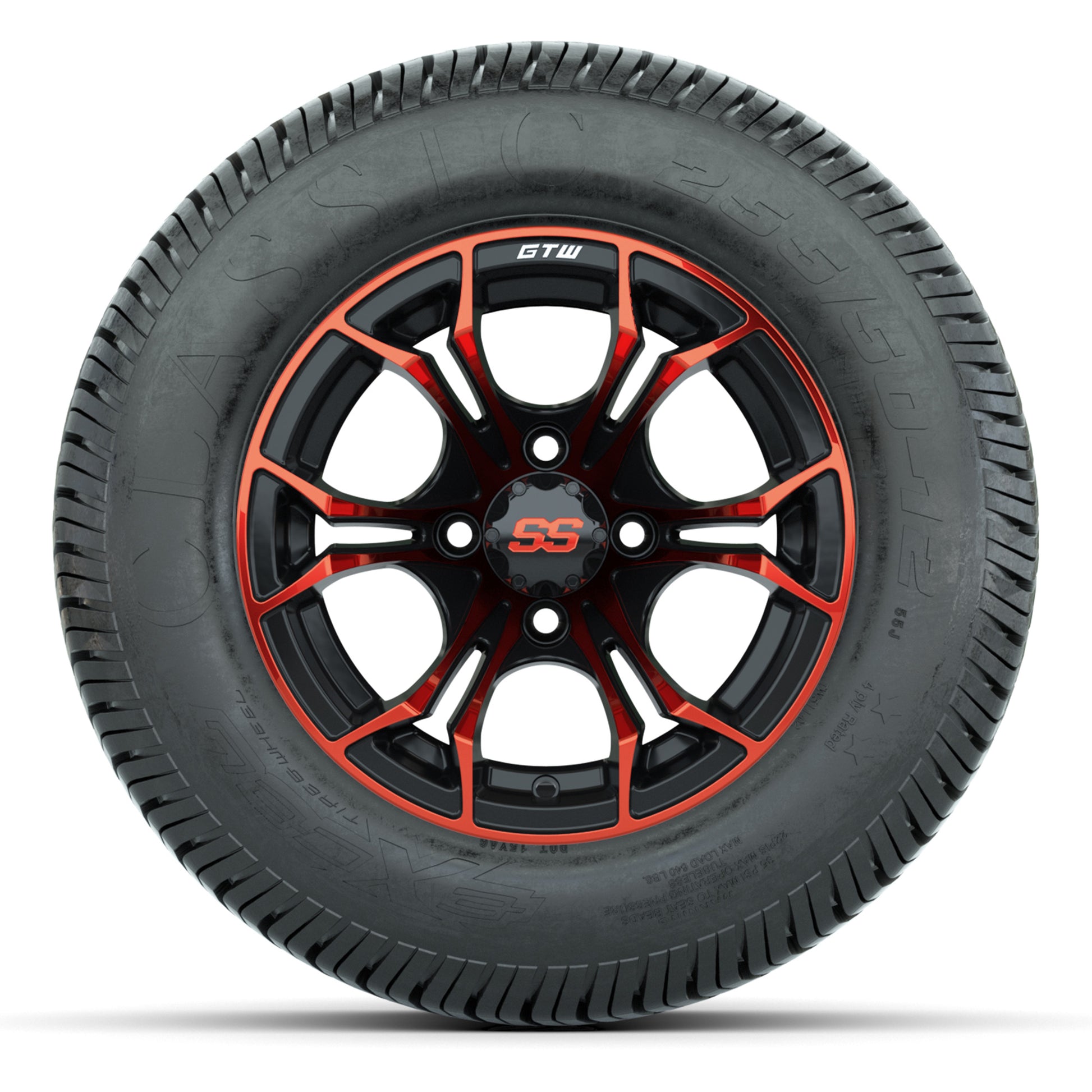 GTW® Spyder Black/Red 12 in Wheels with 255/50-12 Excel Classic Street Tires – Full Set
