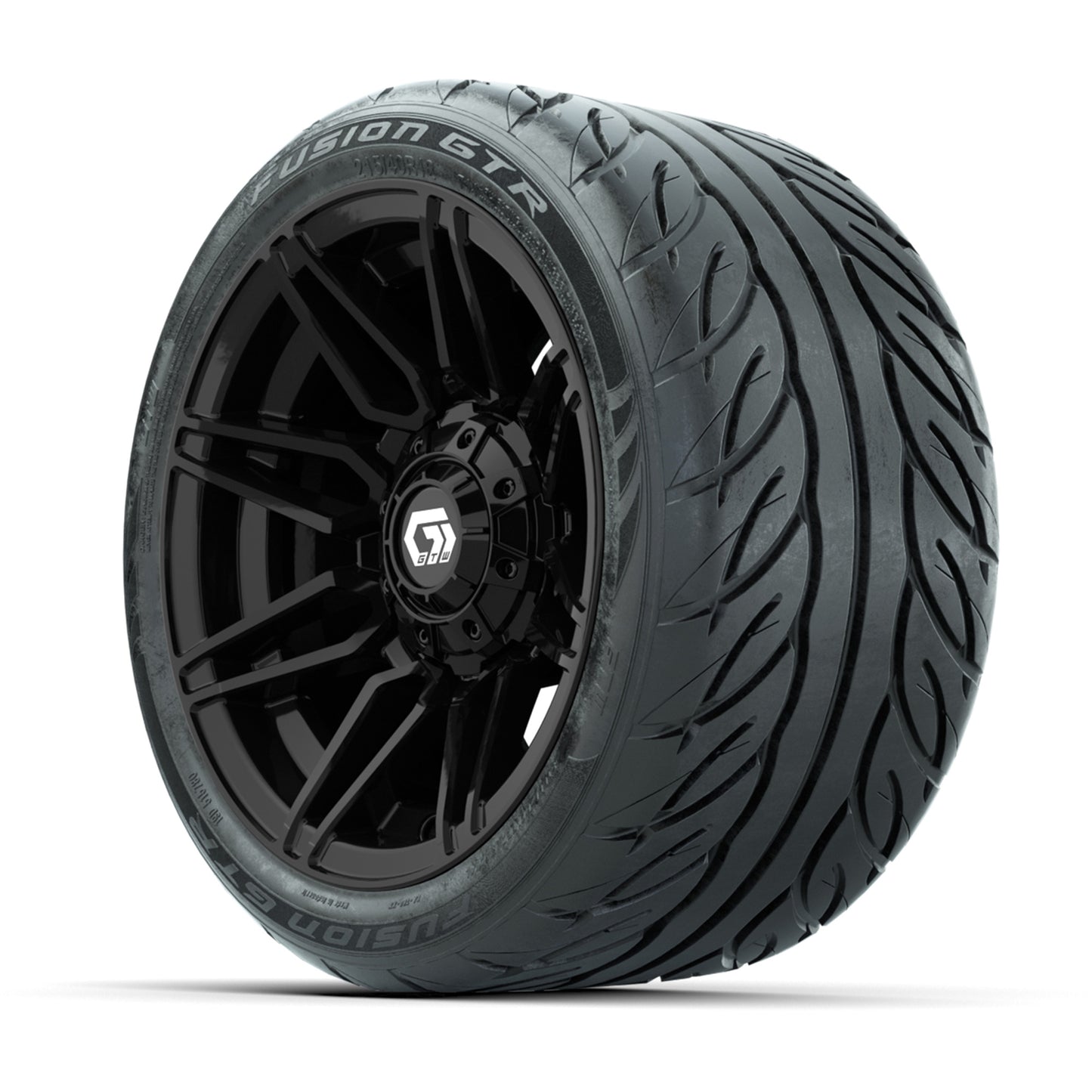 GTW® Stealth Black/Machined 12 in Wheels with 215/40-R12 Fusion GTR Steel Belt Radial Street Tires – Full Set