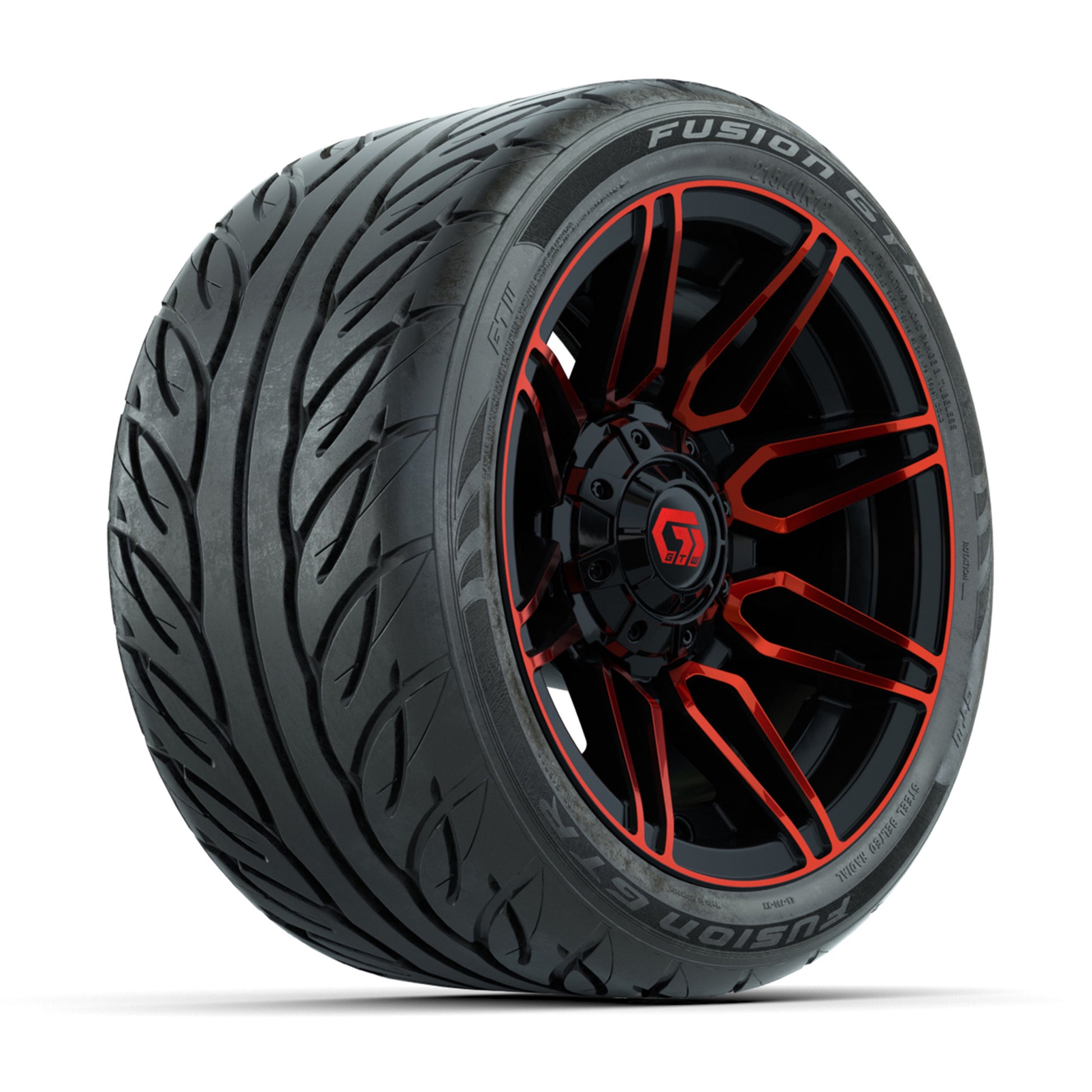 GTW® Stealth Red/Machined 12 in Wheels with 215/40-R12 Fusion GTR Steel Belt Radial Street Tires – Full Set