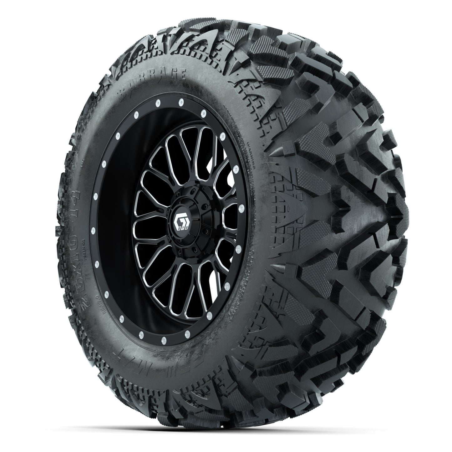 GTW Helix Black/Machined 14 in Wheels with 25x10-14 Barrage Mud Tires – Full Set