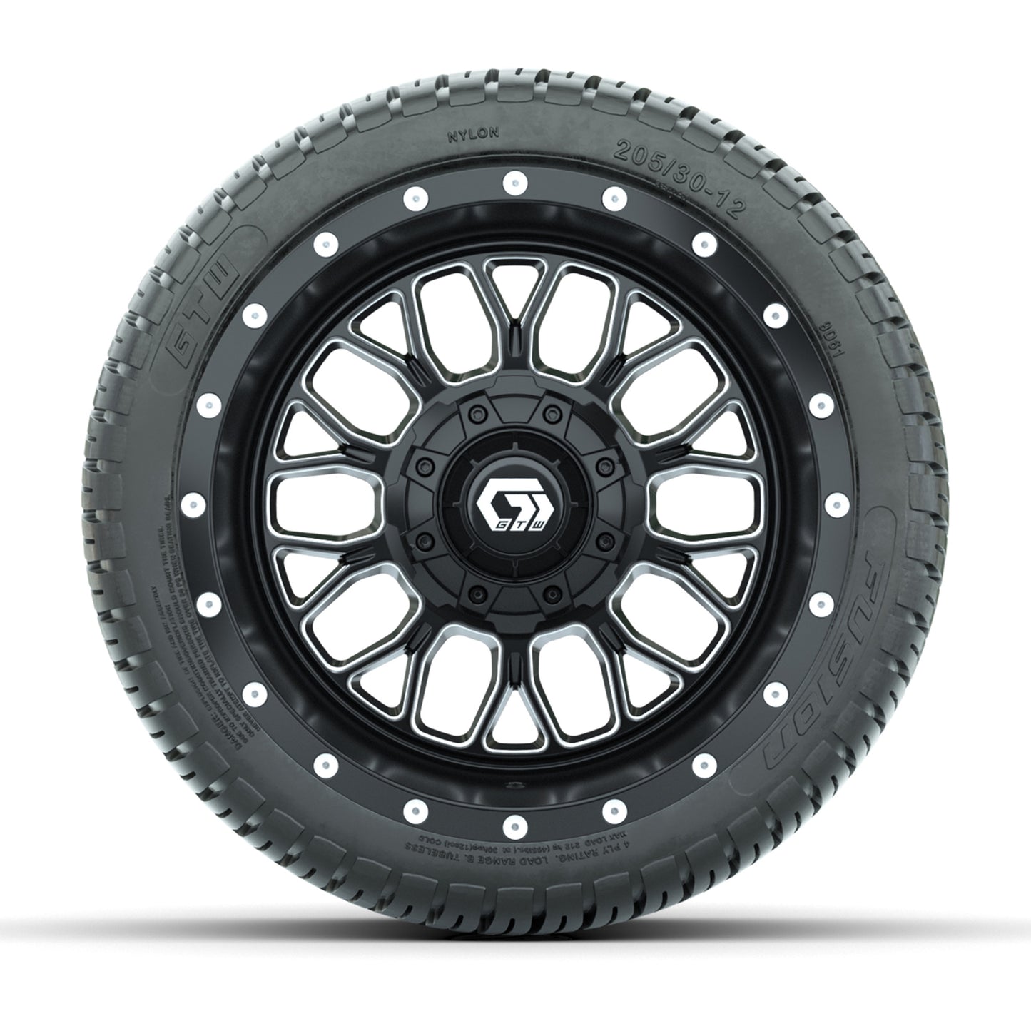 GTW® Helix Black/Machined 12 in Wheels with 205/30-12 Fusion Street Tires – Full Set