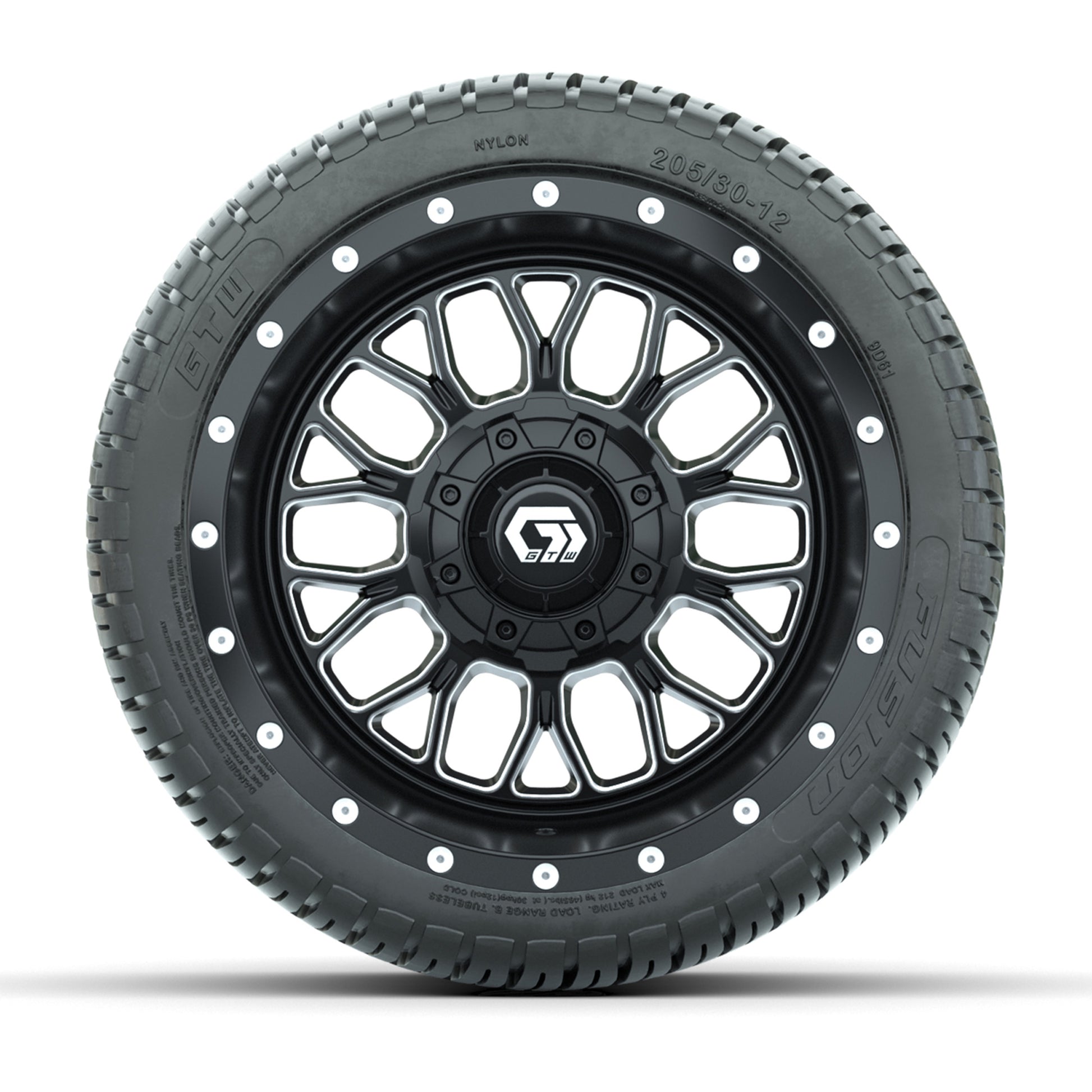 GTW® Helix Black/Machined 12 in Wheels with 205/30-12 Fusion Street Tires – Full Set