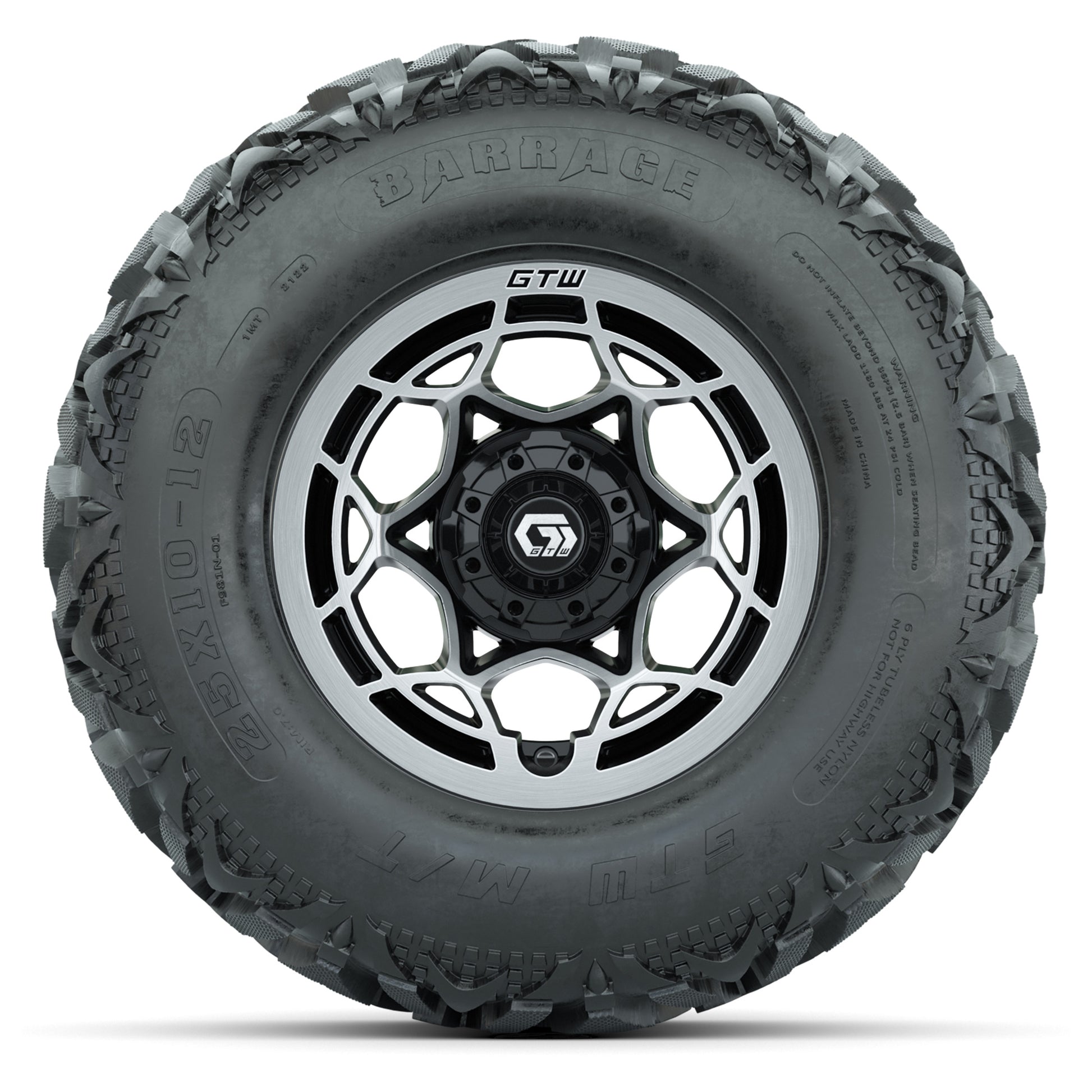 GTW® Nexus Black/Silver 12 in Wheels with 25X10-12 Barrage Mud Tires – Full Set