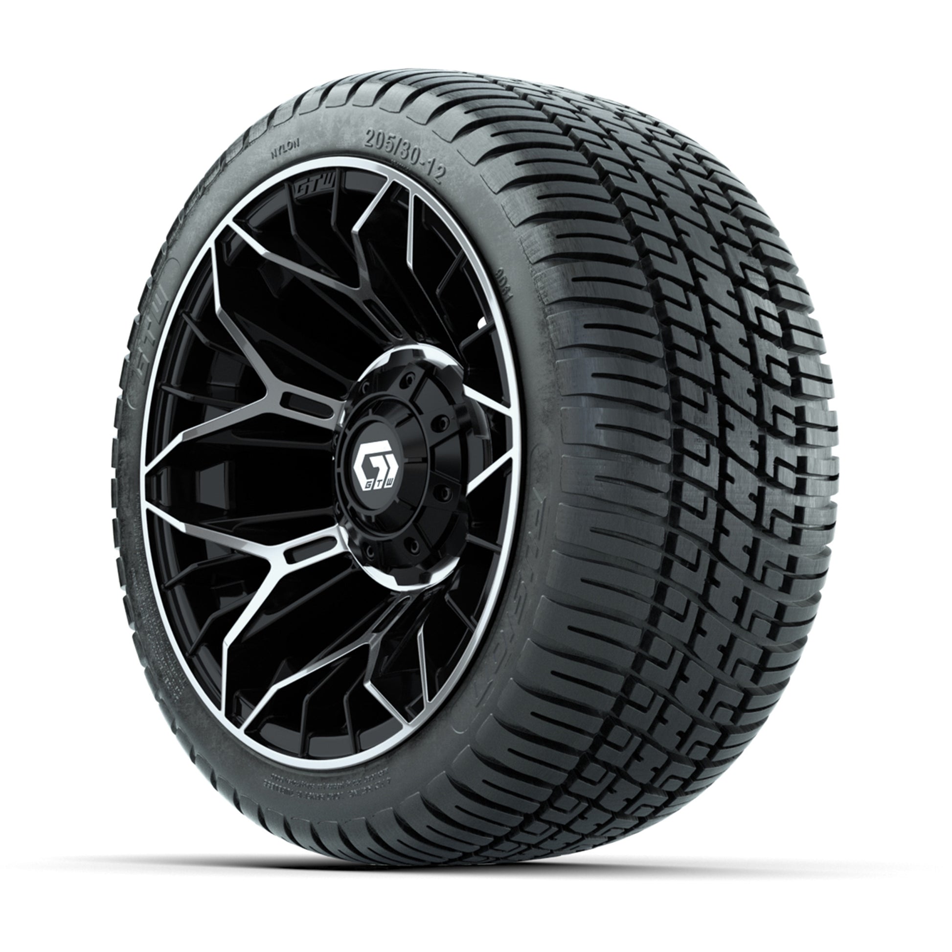GTW® Stellar Black/Machined 12 in Wheels with 205/30-12 Fusion Street Tires – Full Set