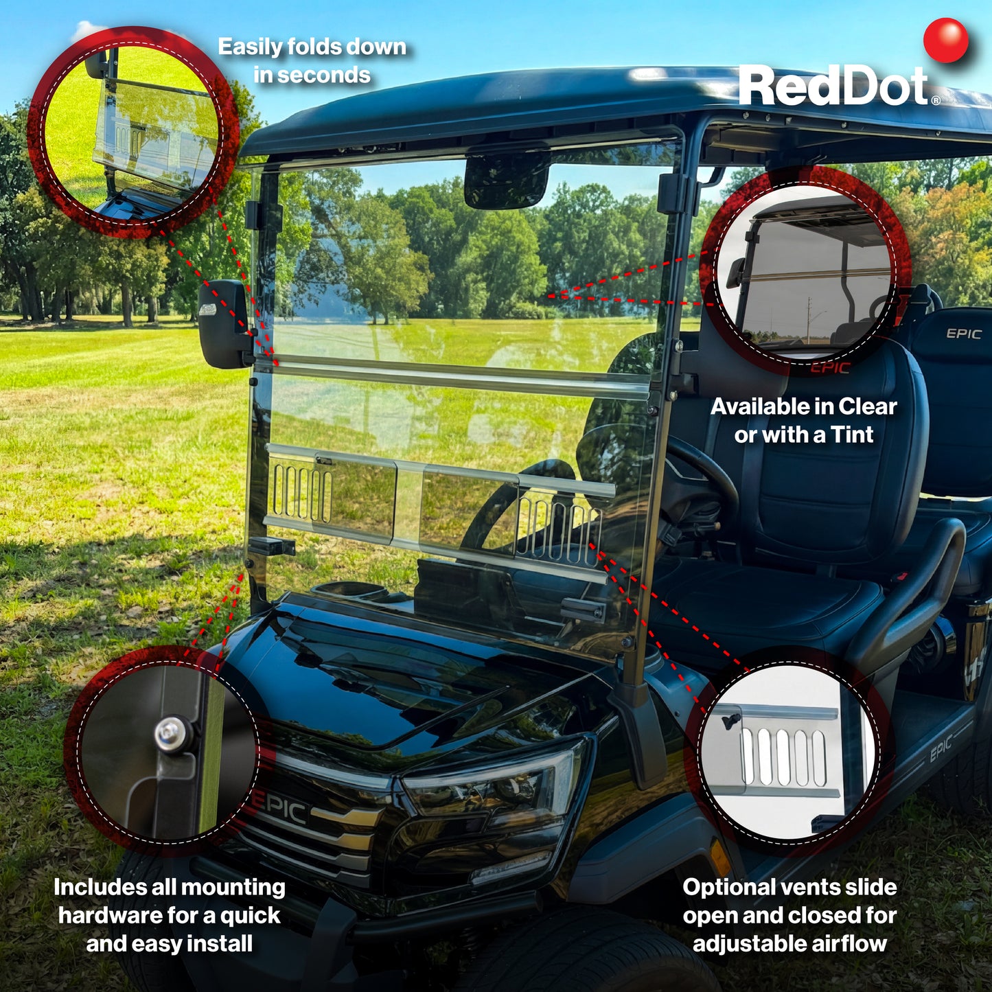 RedDot Clear Vented Folding Windshield for Epic E40FX with 4-Forward Facing Seats