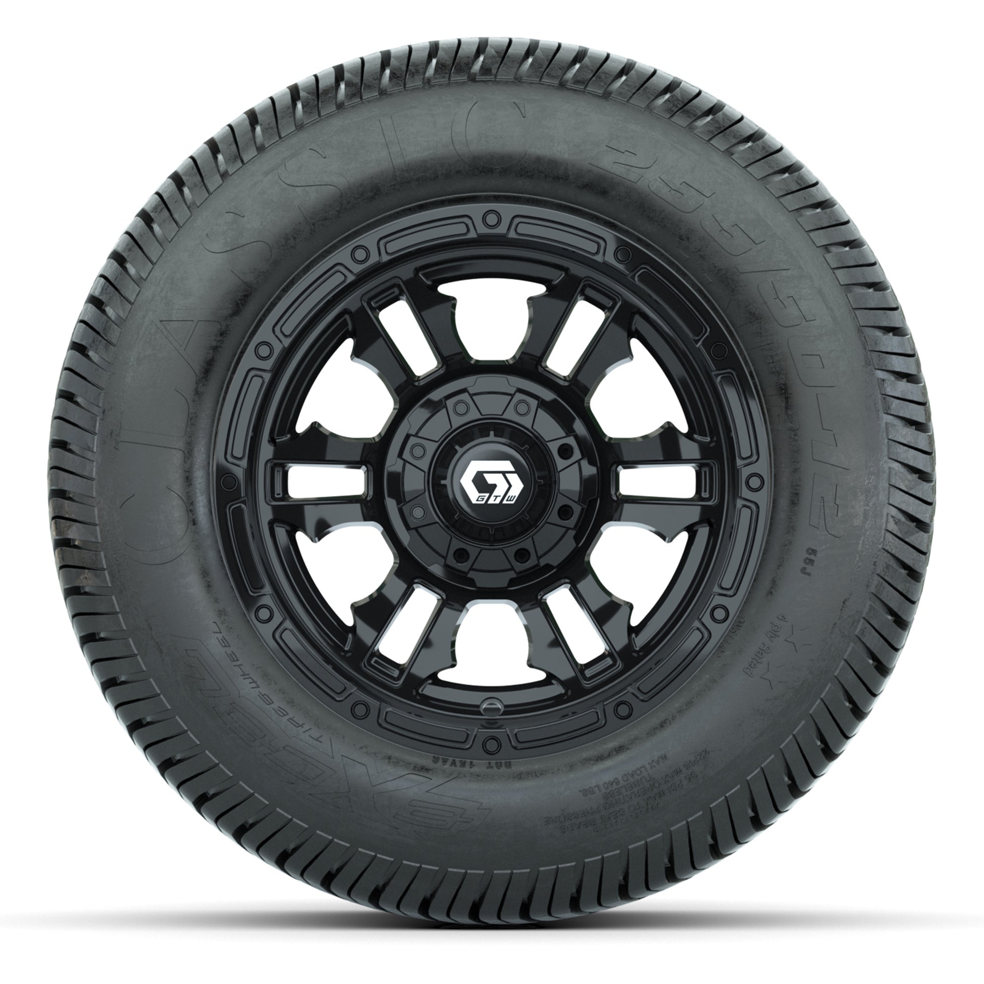 GTW® Shogun Gloss Black 12 in Wheels with 255/50-12 Excel Classic Street Tires – Full Set