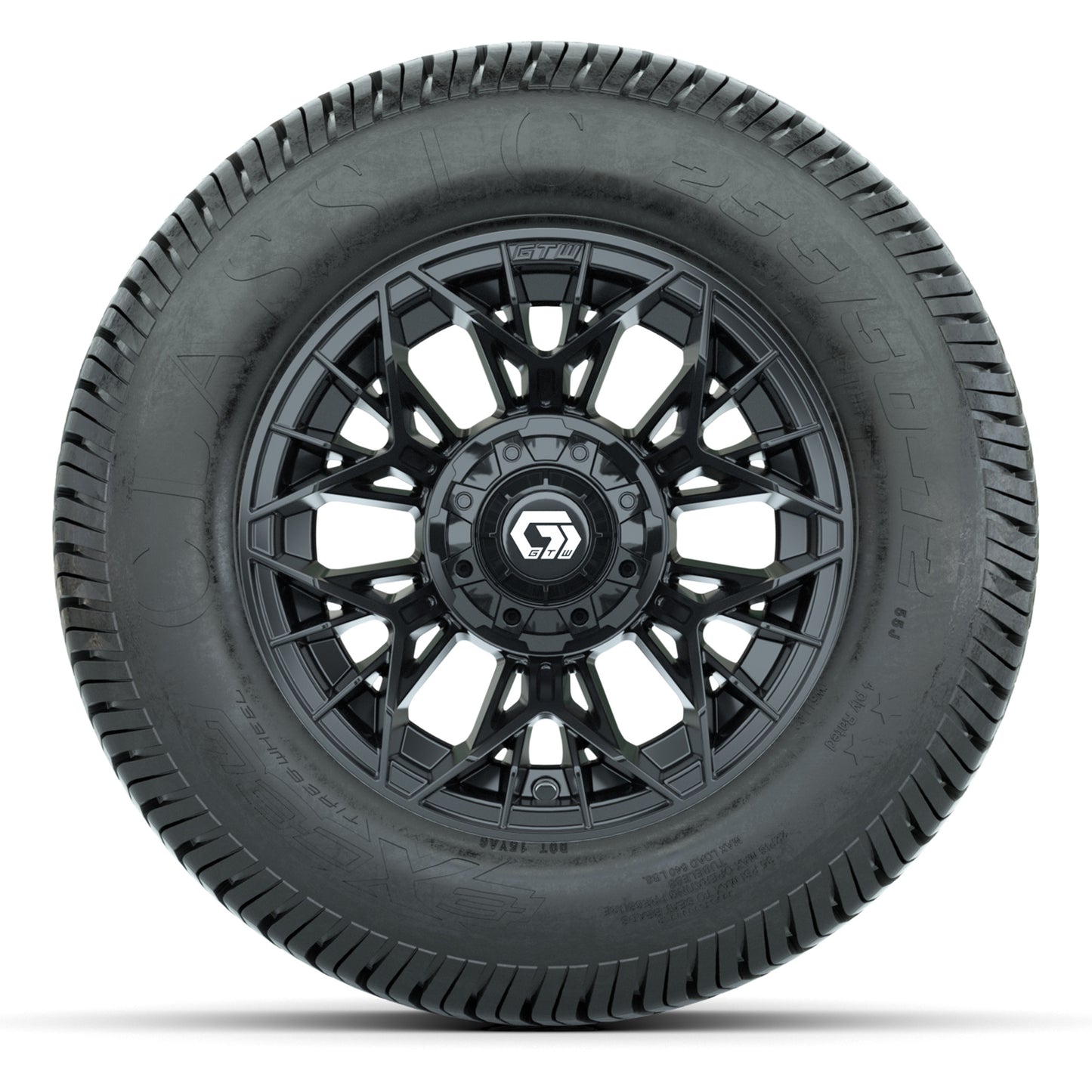GTW® Stellar Black 12 in Wheels with 255/50-12 Excel Classic Street Tires – Full Set