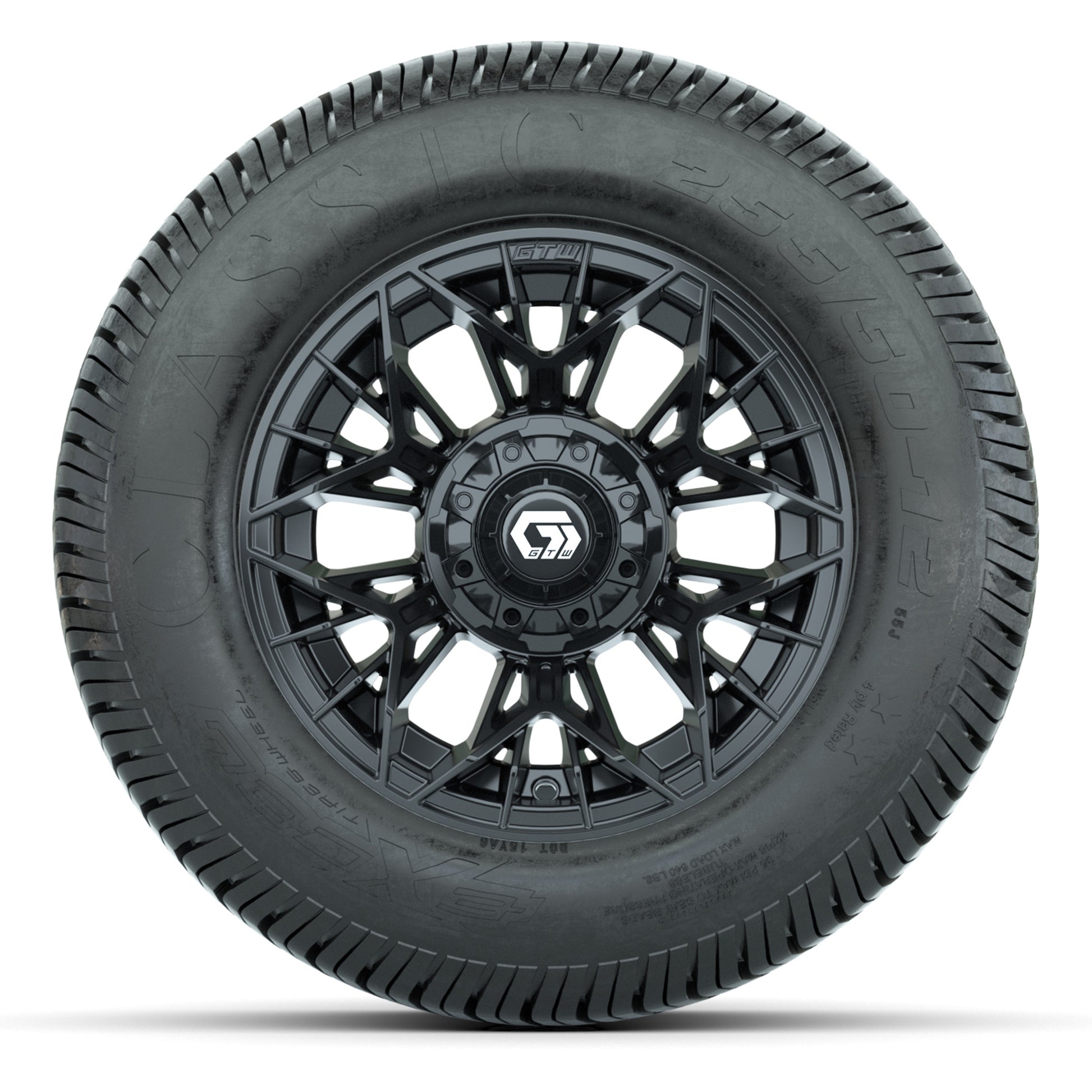 GTW® Stellar Black 12 in Wheels with 255/50-12 Excel Classic Street Tires – Full Set