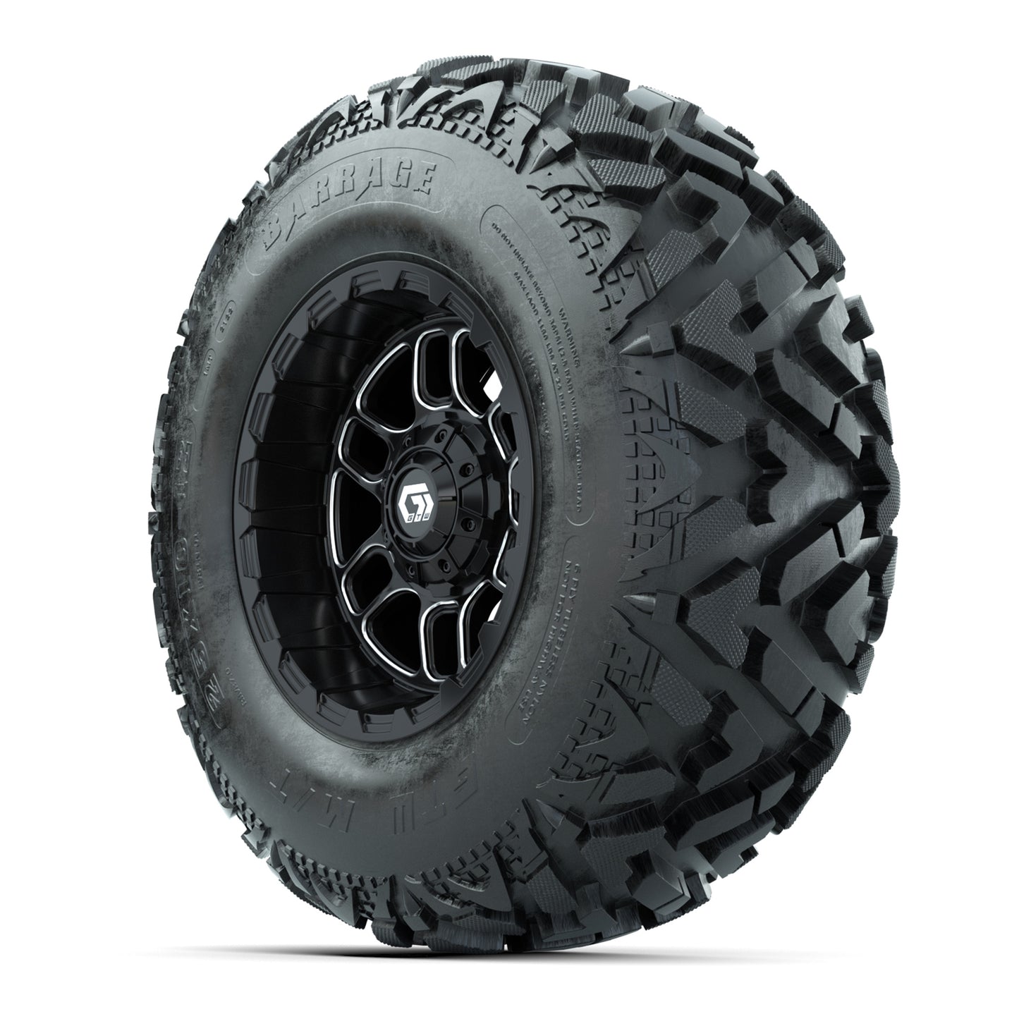 GTW® Titan Black/Machined 12 in Wheels with 25X10-12 Barrage Mud Tires – Full Set