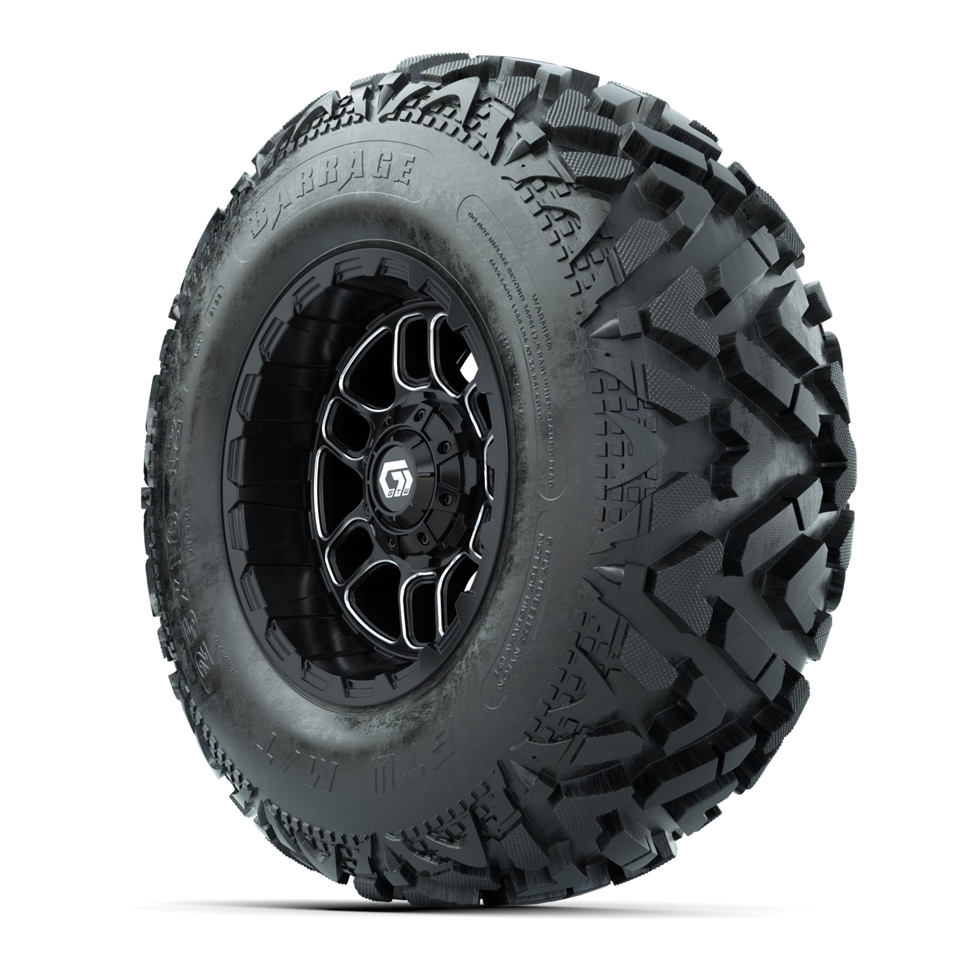 GTW® Titan Black/Machined 12 in Wheels with 25X10-12 Barrage Mud Tires – Full Set