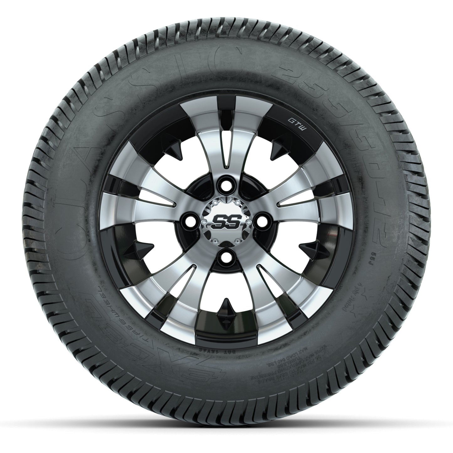 GTW® Vampire Black/Machined 12 in Wheels with 255/50-12 Excel Classic Street Tires – Full Set