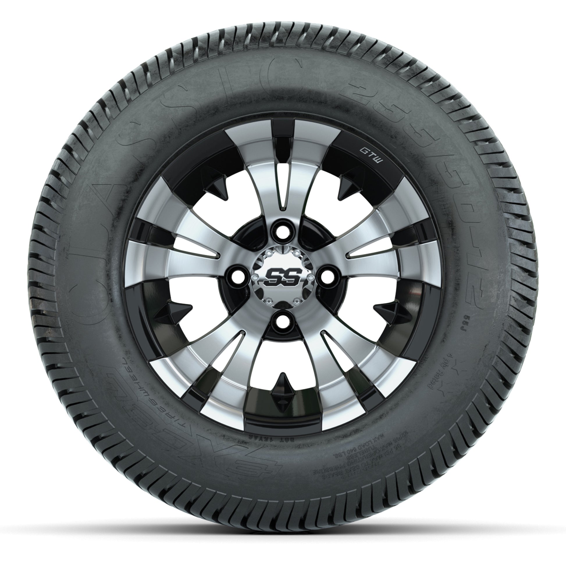 GTW® Vampire Black/Machined 12 in Wheels with 255/50-12 Excel Classic Street Tires – Full Set