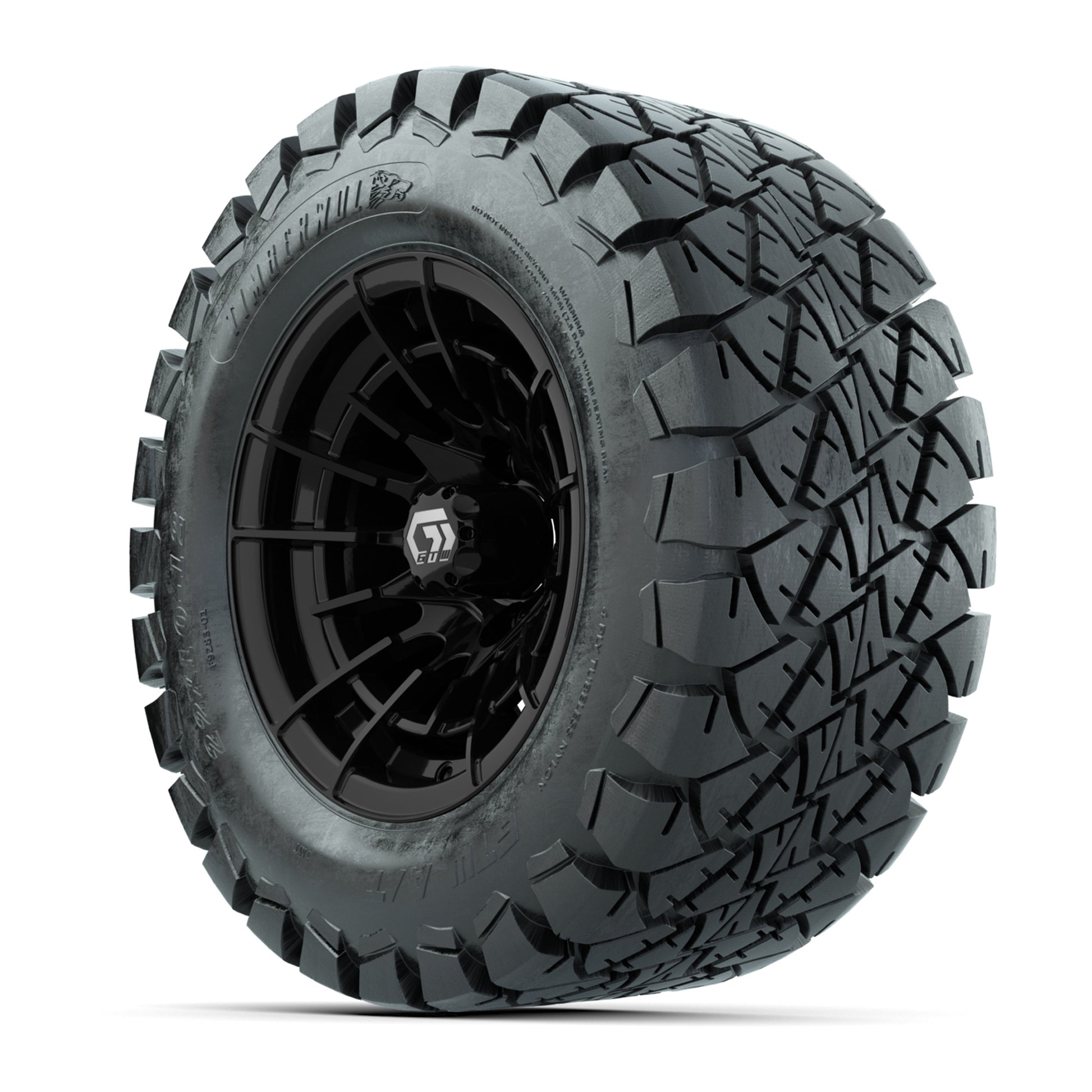 GTW® Boost Gloss Black 12 in Wheels with 22x10-12 Timberwolf All-Terrain Tires – Full Set