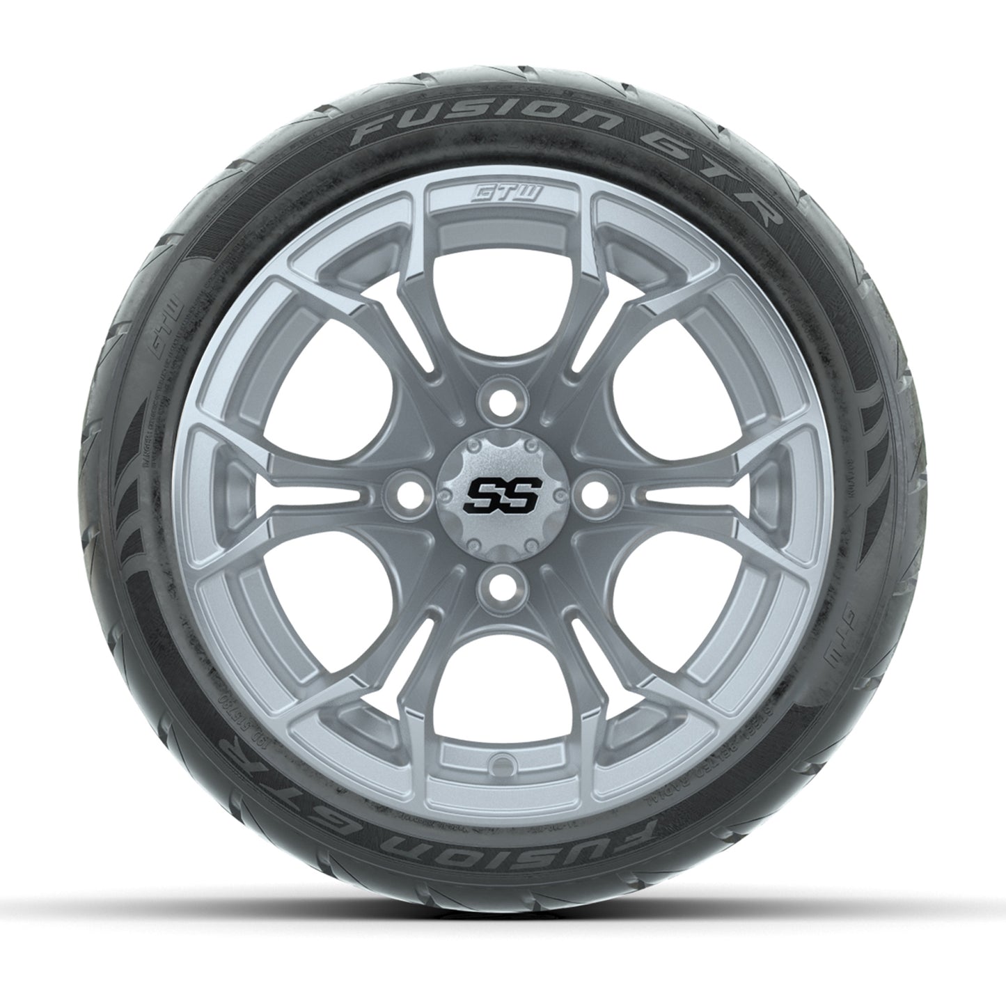 GTW® Spyder Silver Brush 12 in Wheels with 215/40-R12 Fusion GTR Steel Belt Radial Street Tires – Full Set