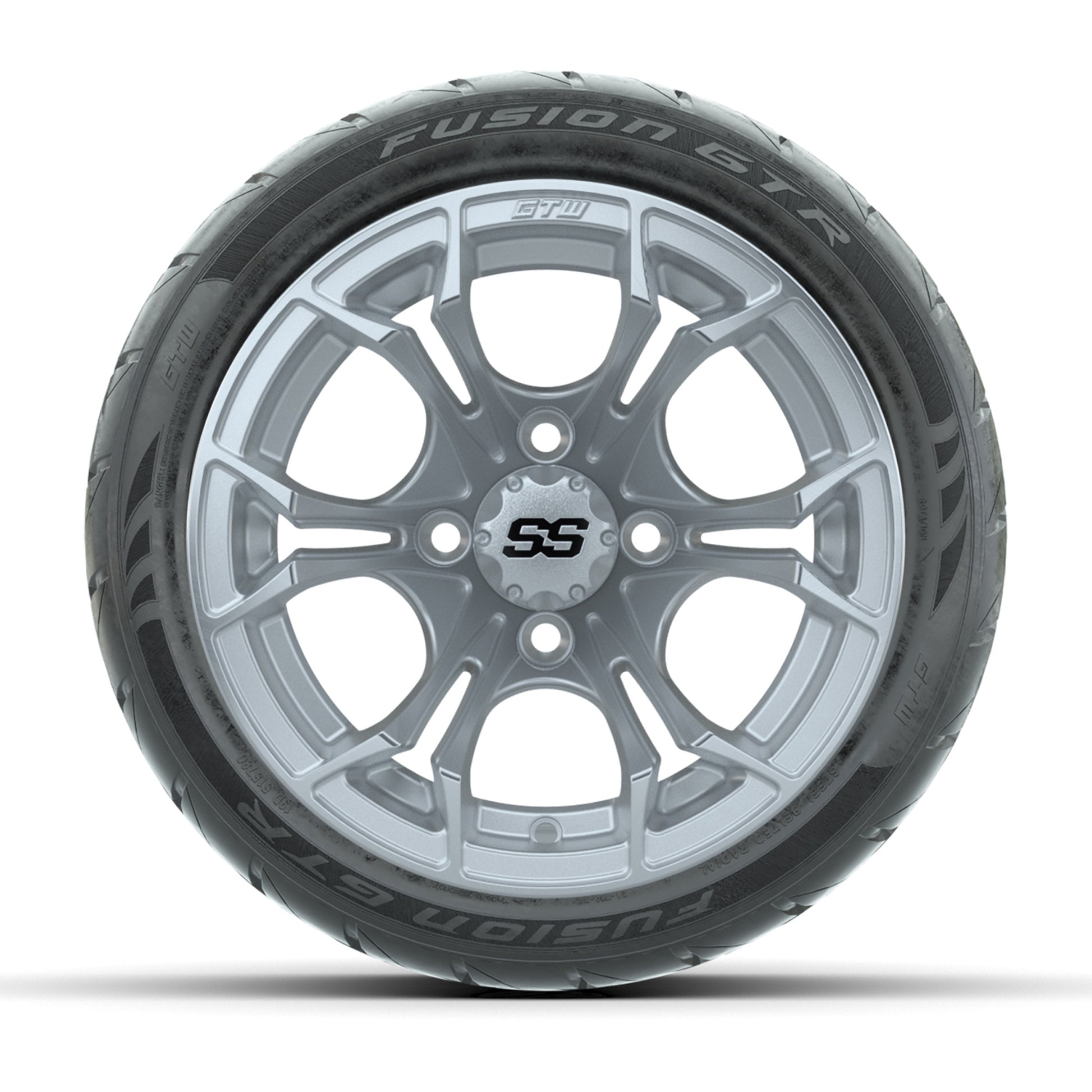GTW® Spyder Silver Brush 12 in Wheels with 215/40-R12 Fusion GTR Steel Belt Radial Street Tires – Full Set