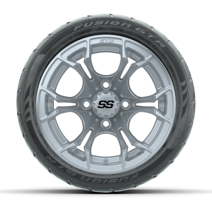 GTW® Spyder Silver Brush 12 in Wheels with 215/40-R12 Fusion GTR Steel Belt Radial Street Tires – Full Set